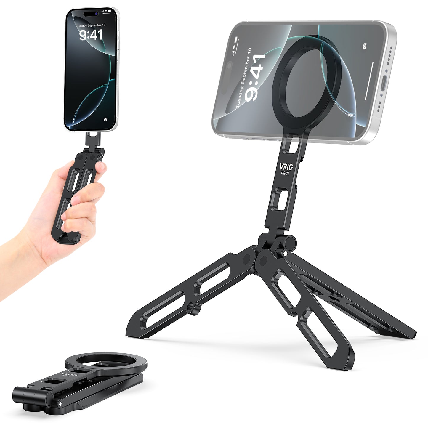 VRIG MG-21 Magnetic Pocket Phone Tripod Foldable Compatible with Magsafe iPhone 15/14/13/12 Plus Pro Max Series, Upgrade Mini Cell Phone Tripod Mount Handle Smartphone Desk Stand Travel All in One