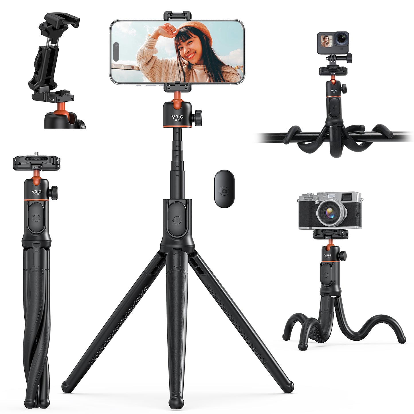 VRIG tp-22 Flexible Tripod with Remote, Camera Tripod Stand with Hidden Phone Holder