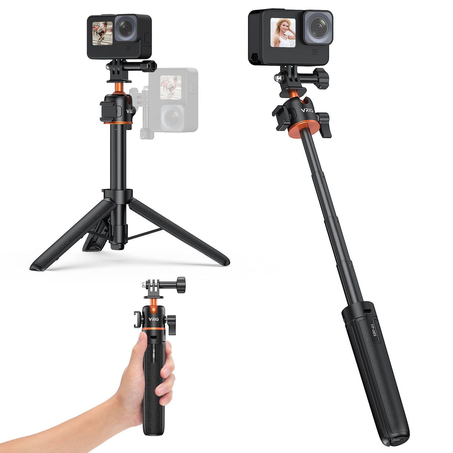 VRIG TP-08S Extension Mini Tripod for Action Camera,360° Ball Head,with Cold Shoe Mount