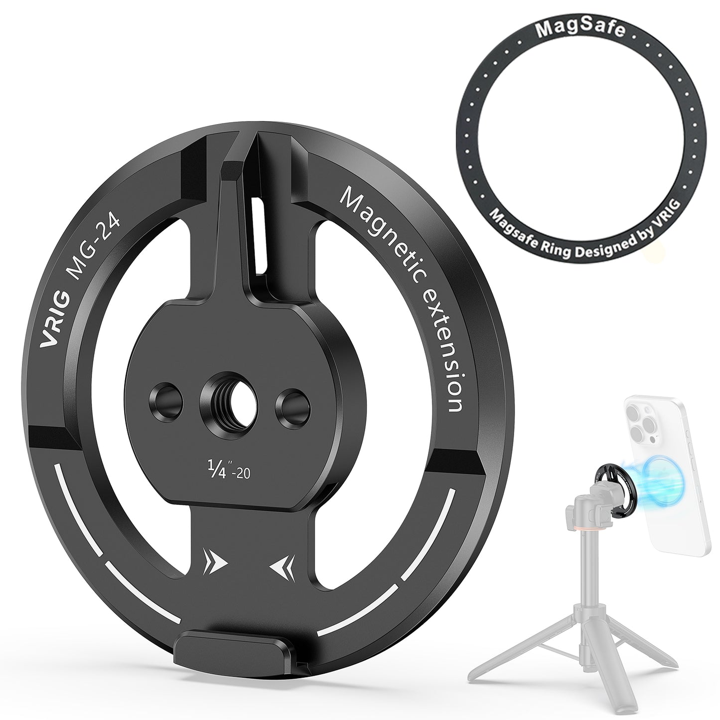 VRIG MG-24 Magnetic Phone Tripod Mount Adapter with Adhesive Magnetic Ring Compatible with MagSafe iPhone 15 Pro Max 15 Plus 14 13 12, 1/4" Thread for iPhone Video Recording Selfie Stick Ring Light