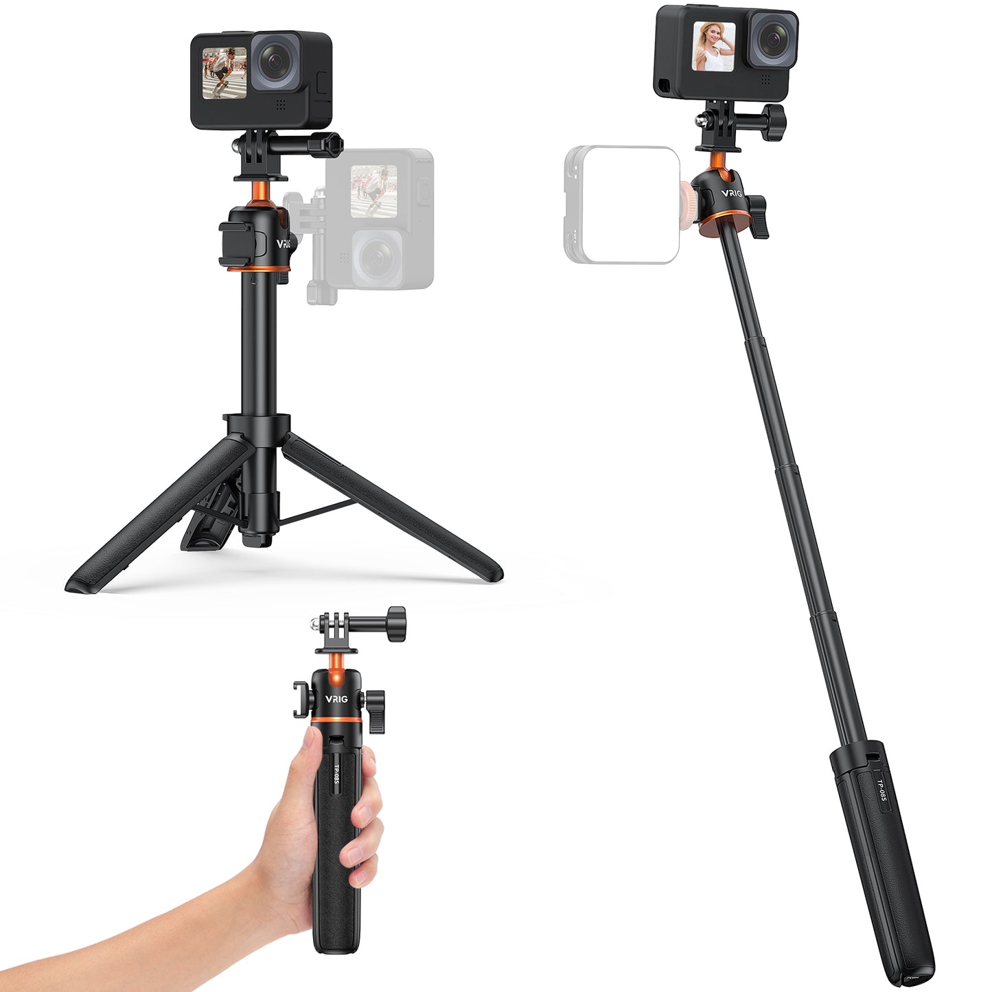 VRIG TP-08S Extension Mini Tripod for Action Camera,360° Ball Head,with Cold Shoe Mount