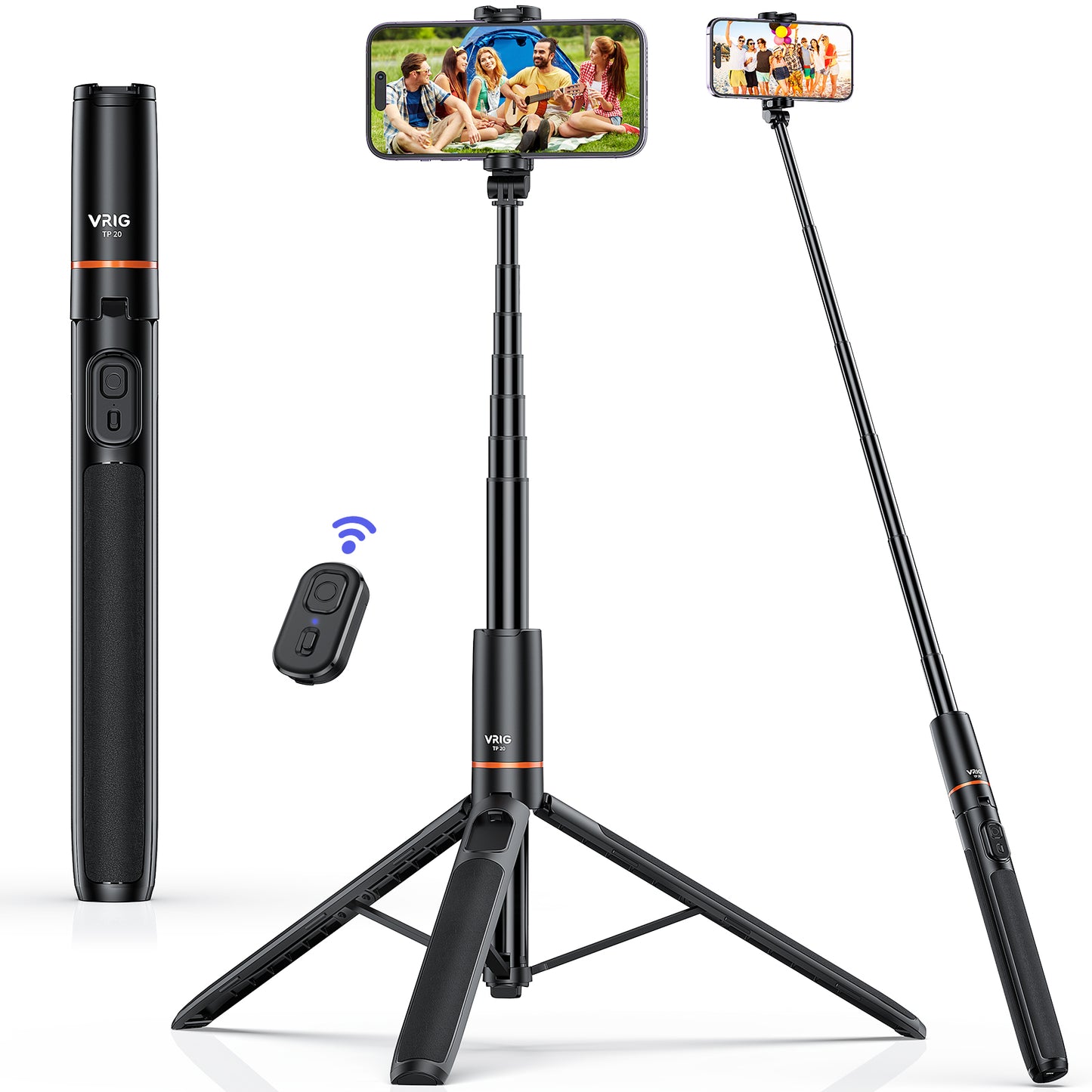 VRIG TP-20 63" Extendable Selfie Stick Tripod,All-in-1 Extendable Cell Phone Tripod Stand with Integrated Remote,Portable,Lightweight,Extendable Phone Tripod for iPhone/Android