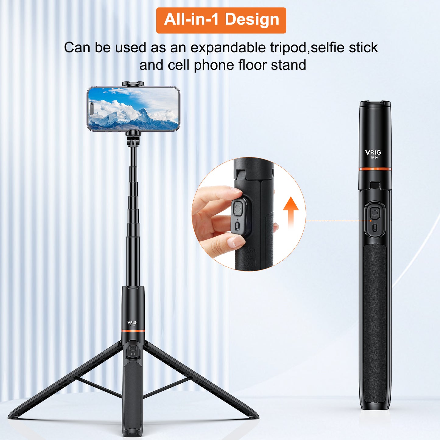 VRIG TP-20 63" Extendable Selfie Stick Tripod,All-in-1 Extendable Cell Phone Tripod Stand with Integrated Remote,Portable,Lightweight,Extendable Phone Tripod for iPhone/Android