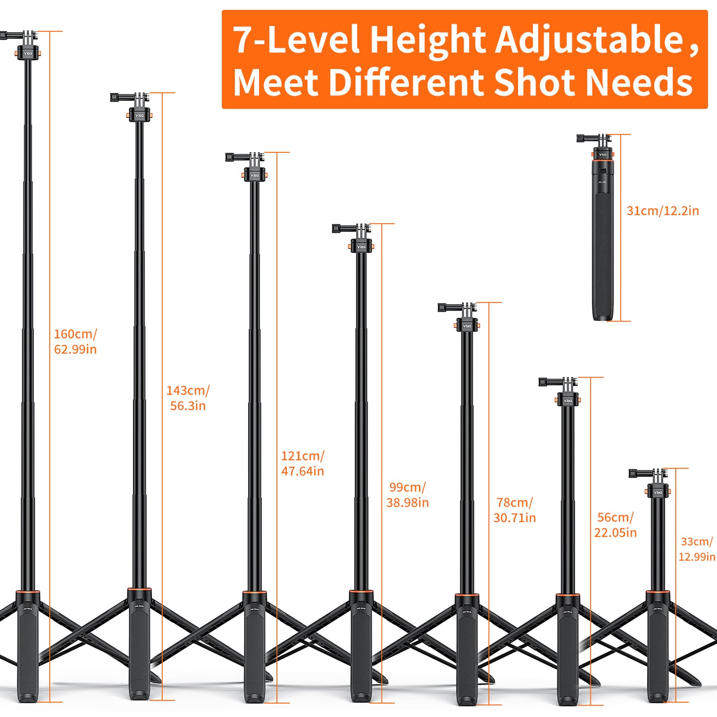 VRIG 63" Magnetic Selfie Stick Tripod for GoPro, Mini Quick Release Extendable Tripod Stand for for GoPro Hero 13 12 1110 9 8 7 6 5 4 3 2, Fusion, Max, Session, AKASO, SJCAM, DJI OSMO GoPro