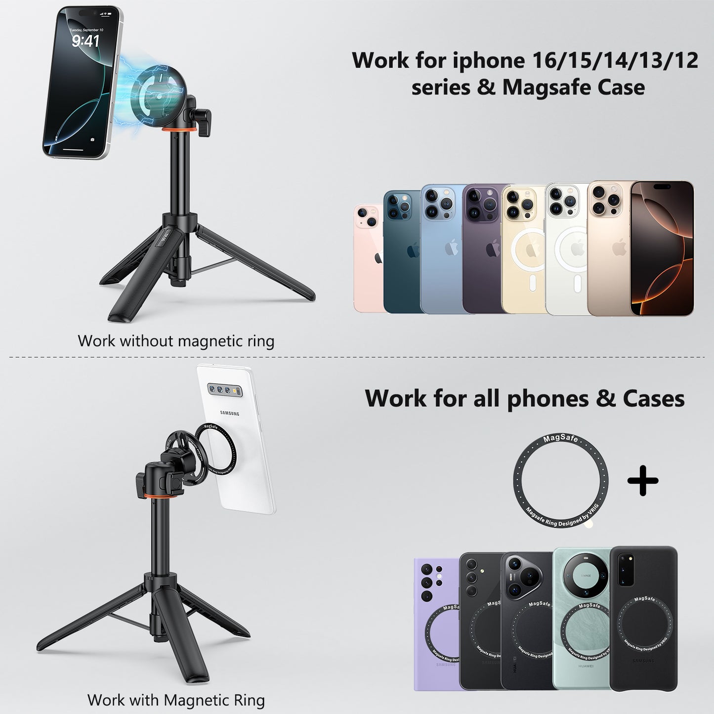 VRIG MG-24 Magnetic Phone Tripod Mount Adapter with Adhesive Magnetic Ring Compatible with MagSafe iPhone 15 Pro Max 15 Plus 14 13 12, 1/4" Thread for iPhone Video Recording Selfie Stick Ring Light