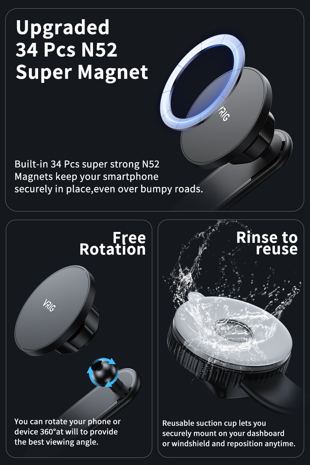 VRIG MG-25 Car Mount, Magnetic Phone Holder for Car with Suction Cup, 34 Ultra-Strong Magnets, Bendable Memory Aluminum Alloy Arm for Dashboard and Windshield, Fit for All Car Types