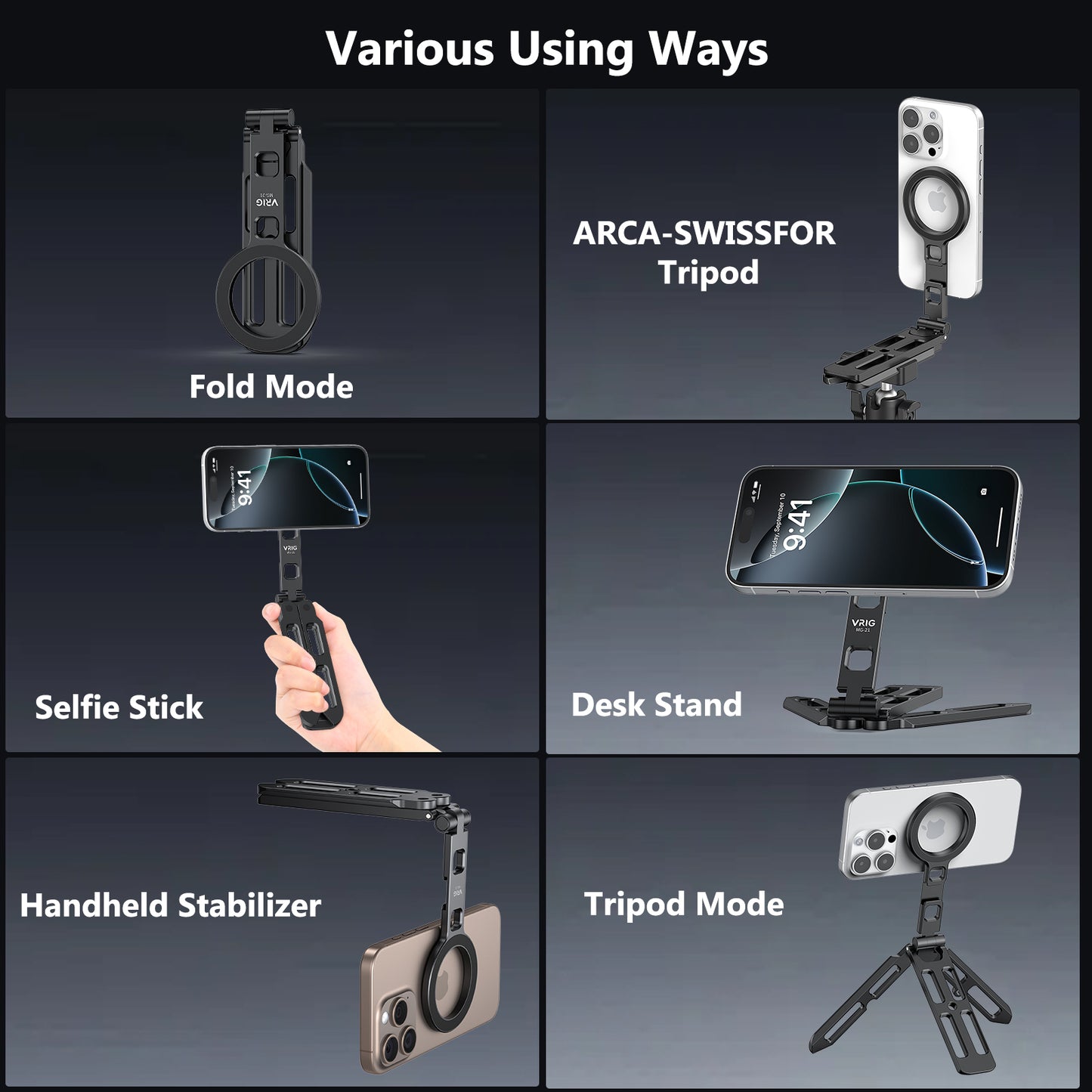 VRIG MG-21 Magnetic Pocket Phone Tripod Foldable Compatible with Magsafe iPhone 15/14/13/12 Plus Pro Max Series, Upgrade Mini Cell Phone Tripod Mount Handle Smartphone Desk Stand Travel All in One