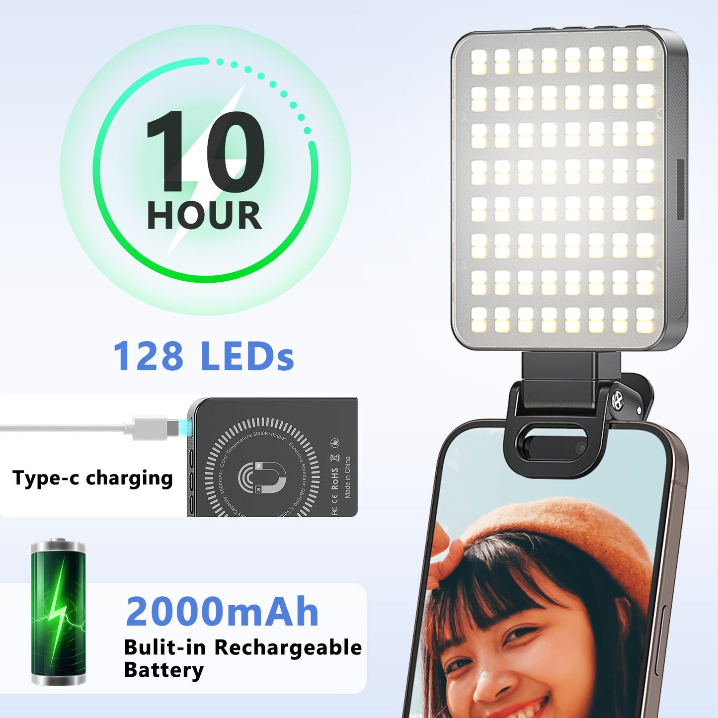 VRIG Magnetic Selfie Light, 128 LED Phone Light with Metal Cold Shoe & Clip, Rechargeable 360° 3 Color Modes Fill Light for Phone Android Camera iPad Laptop for Makeup TikTok Selfie Vlog