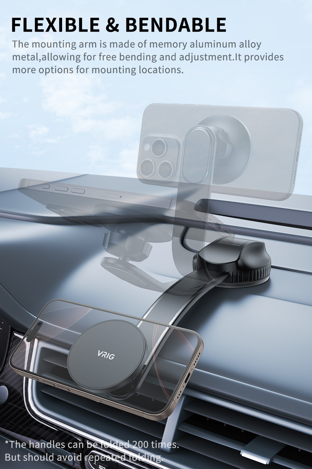VRIG MG-25 Car Mount, Magnetic Phone Holder for Car with Suction Cup, 34 Ultra-Strong Magnets, Bendable Memory Aluminum Alloy Arm for Dashboard and Windshield, Fit for All Car Types