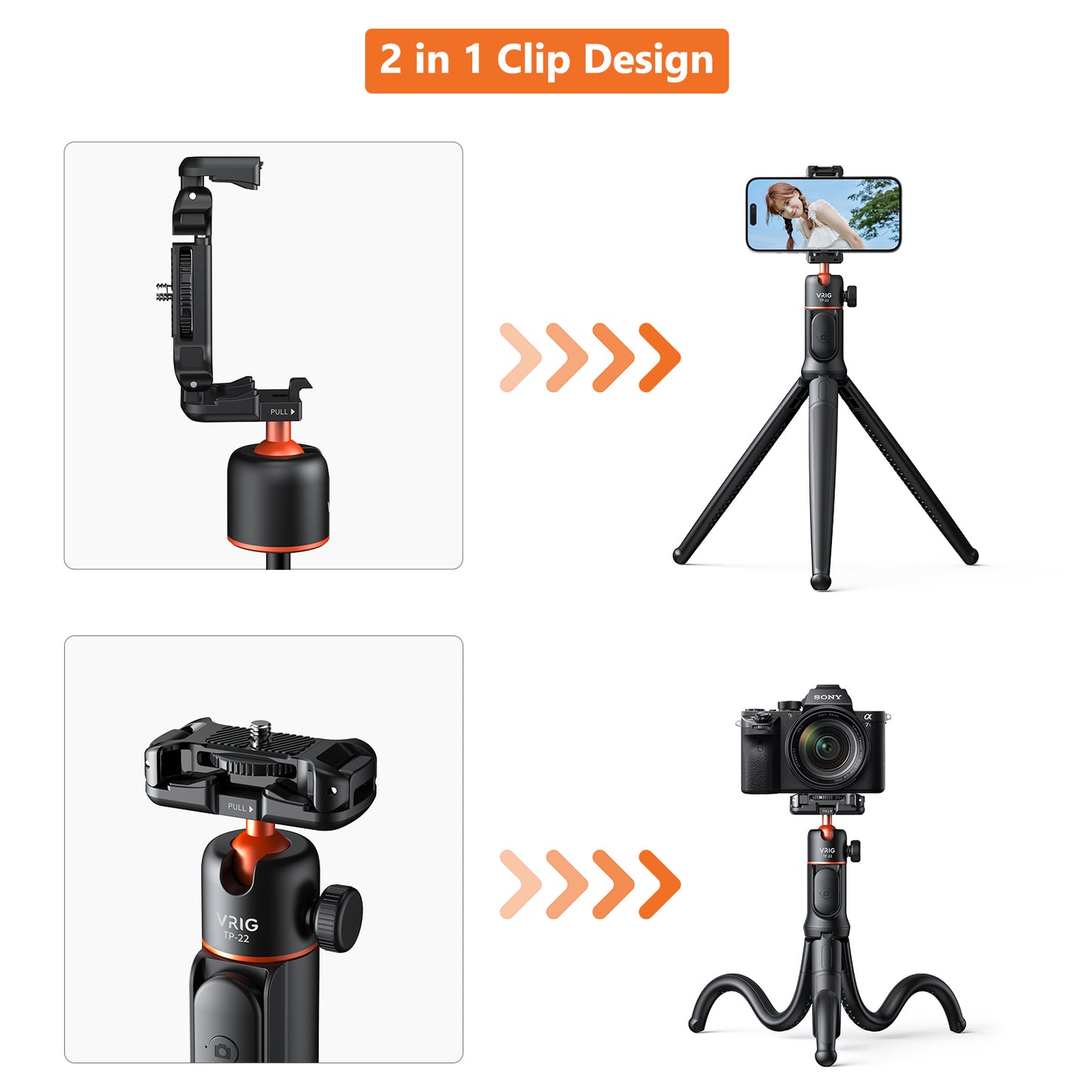 VRIG tp-22 Flexible Tripod with Remote, Camera Tripod Stand with Hidden Phone Holder