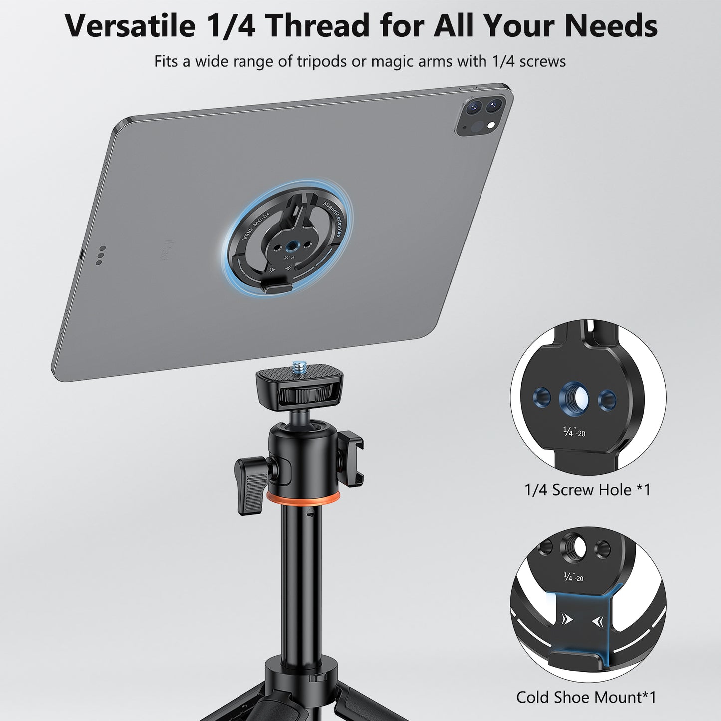 VRIG MG-24 Magnetic Phone Tripod Mount Adapter with Adhesive Magnetic Ring Compatible with MagSafe iPhone 15 Pro Max 15 Plus 14 13 12, 1/4" Thread for iPhone Video Recording Selfie Stick Ring Light