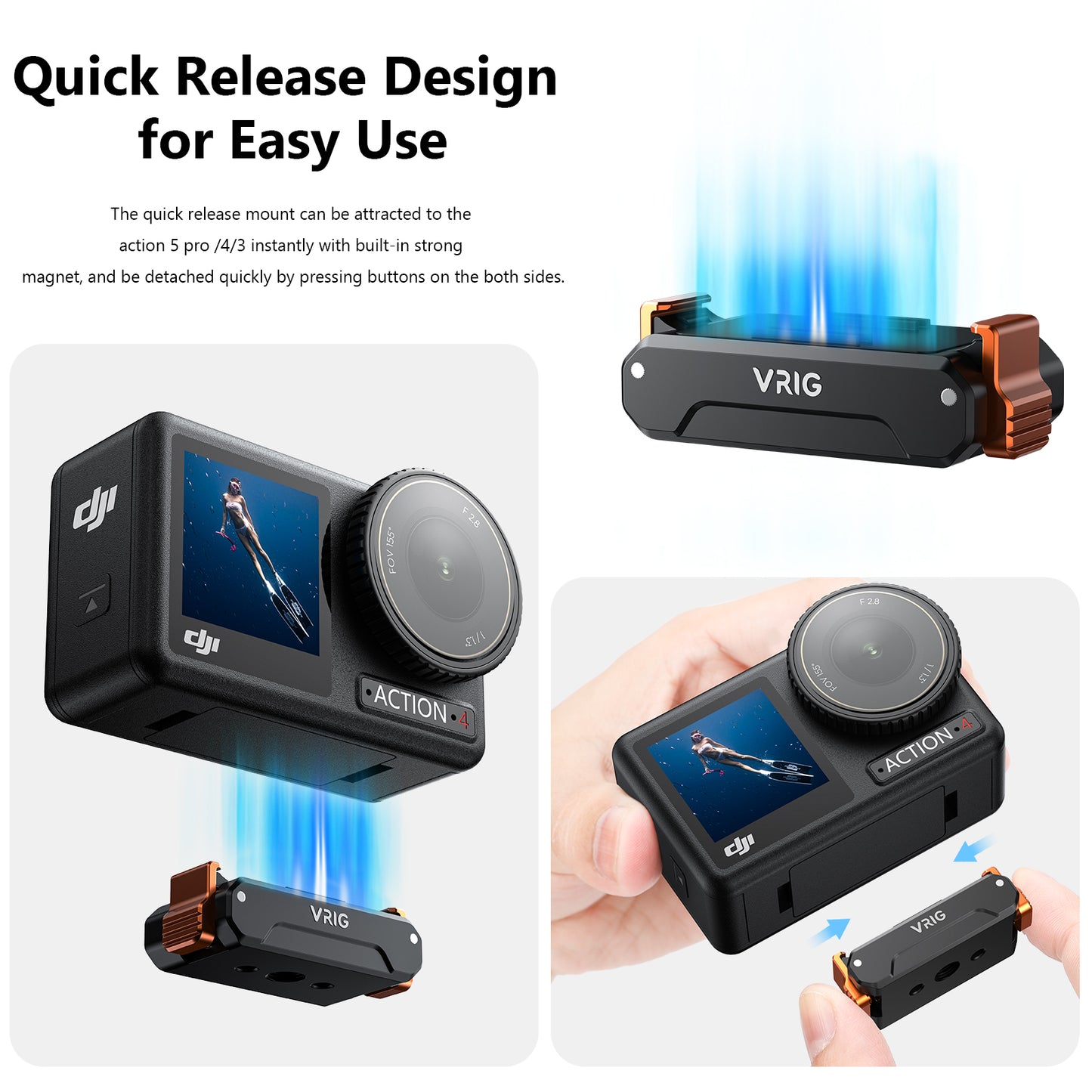 VRIG AC-32 Magnetic Quick Release Adapter Mount for DJI Osmo Action 5 Pro, with 1/4 Screw Hole/Adapter Connection, Aluminum Alloy Bracket Expansion for Osmo Action 4/Action 3 Accessories