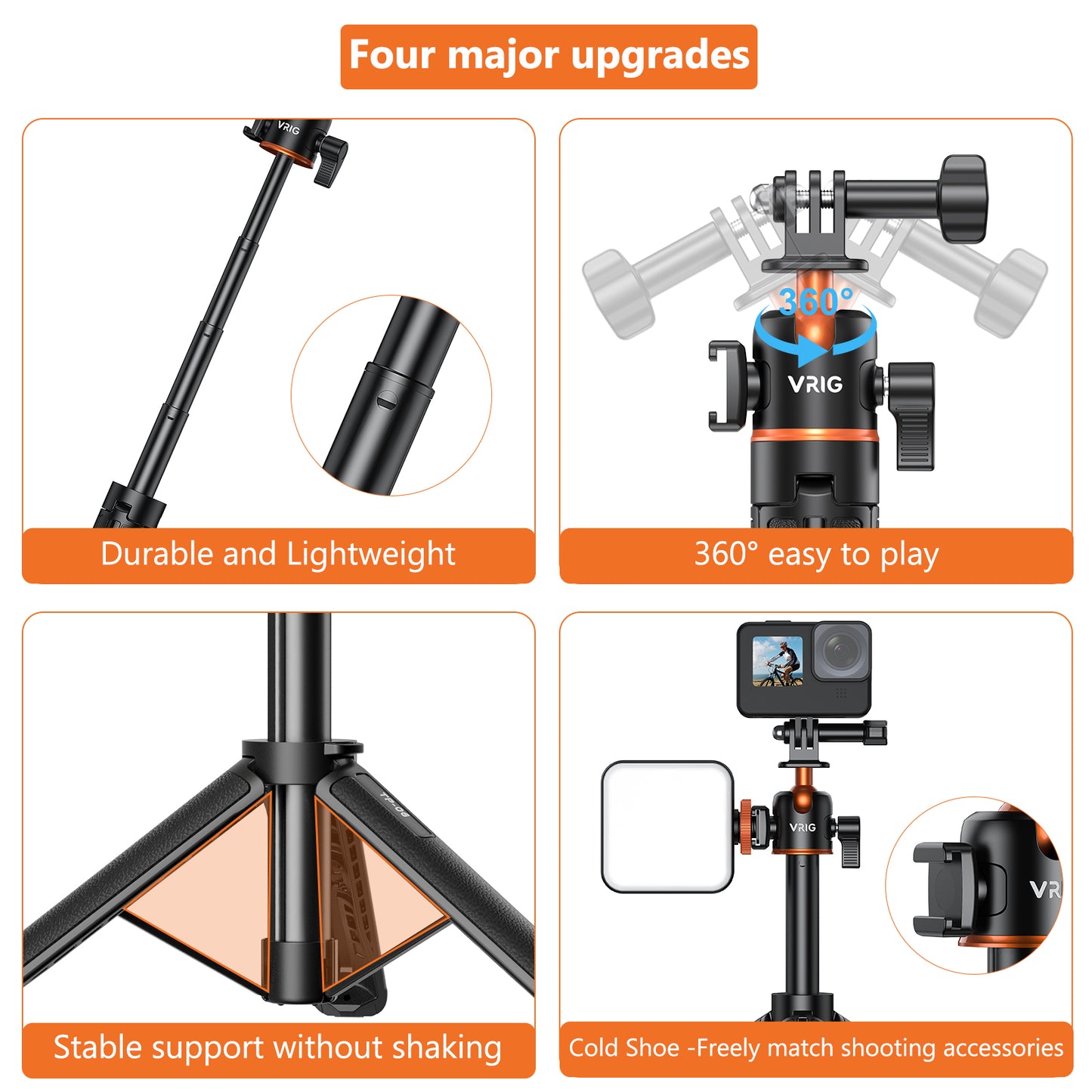 VRIG TP-08S Extension Mini Tripod for Action Camera,360° Ball Head,with Cold Shoe Mount