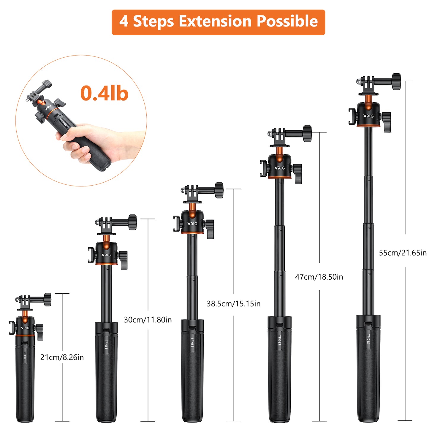 VRIG TP-08S Extension Mini Tripod for Action Camera,360° Ball Head,with Cold Shoe Mount