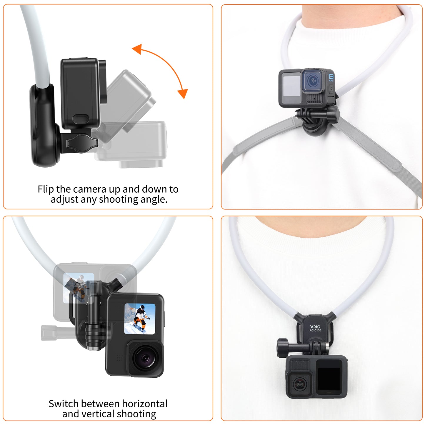 VRIG AC-01 SE Necklace Mount,Free Variation, Horizontal Photography, Multi Angle Adjustable to Prevent Falling, Durability DJI OSMO Action 5 Pro/4/3 for Hero13/12/11for 360x4X3X2ONE RS Ace Pro