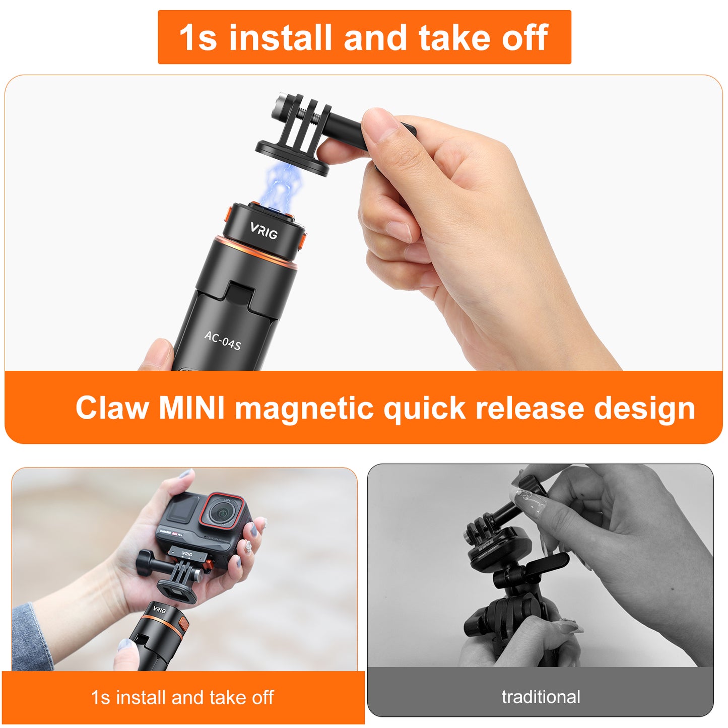 VRIG 63" Magnetic Selfie Stick Tripod for GoPro, Mini Quick Release Extendable Tripod Stand for for GoPro Hero 13 12 1110 9 8 7 6 5 4 3 2, Fusion, Max, Session, AKASO, SJCAM, DJI OSMO GoPro