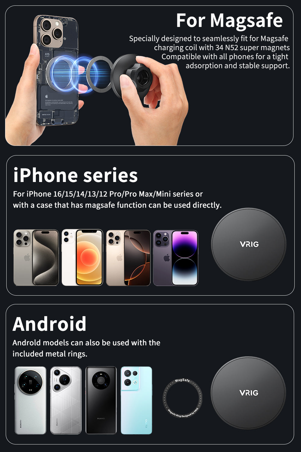 VRIG MG-25 Car Mount, Magnetic Phone Holder for Car with Suction Cup, 34 Ultra-Strong Magnets, Bendable Memory Aluminum Alloy Arm for Dashboard and Windshield, Fit for All Car Types