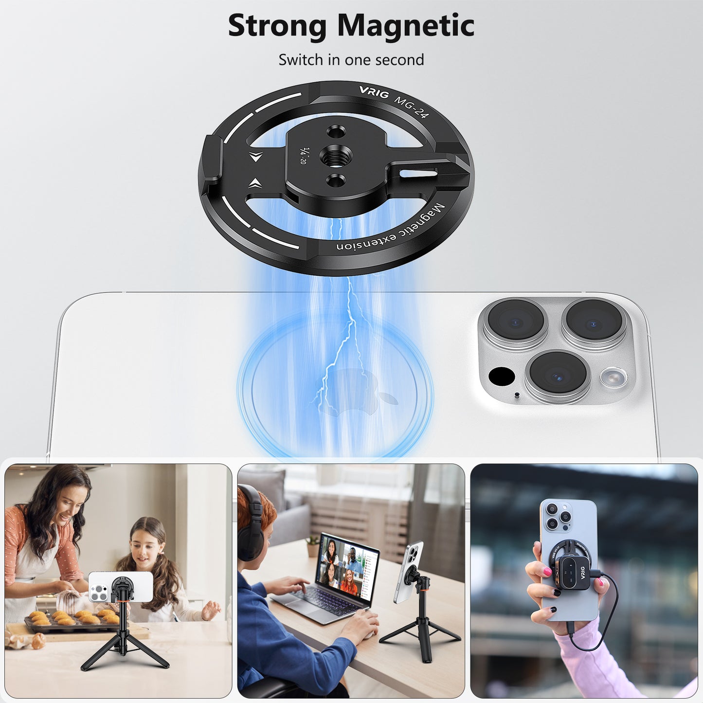 VRIG MG-24 Magnetic Phone Tripod Mount Adapter with Adhesive Magnetic Ring Compatible with MagSafe iPhone 15 Pro Max 15 Plus 14 13 12, 1/4" Thread for iPhone Video Recording Selfie Stick Ring Light