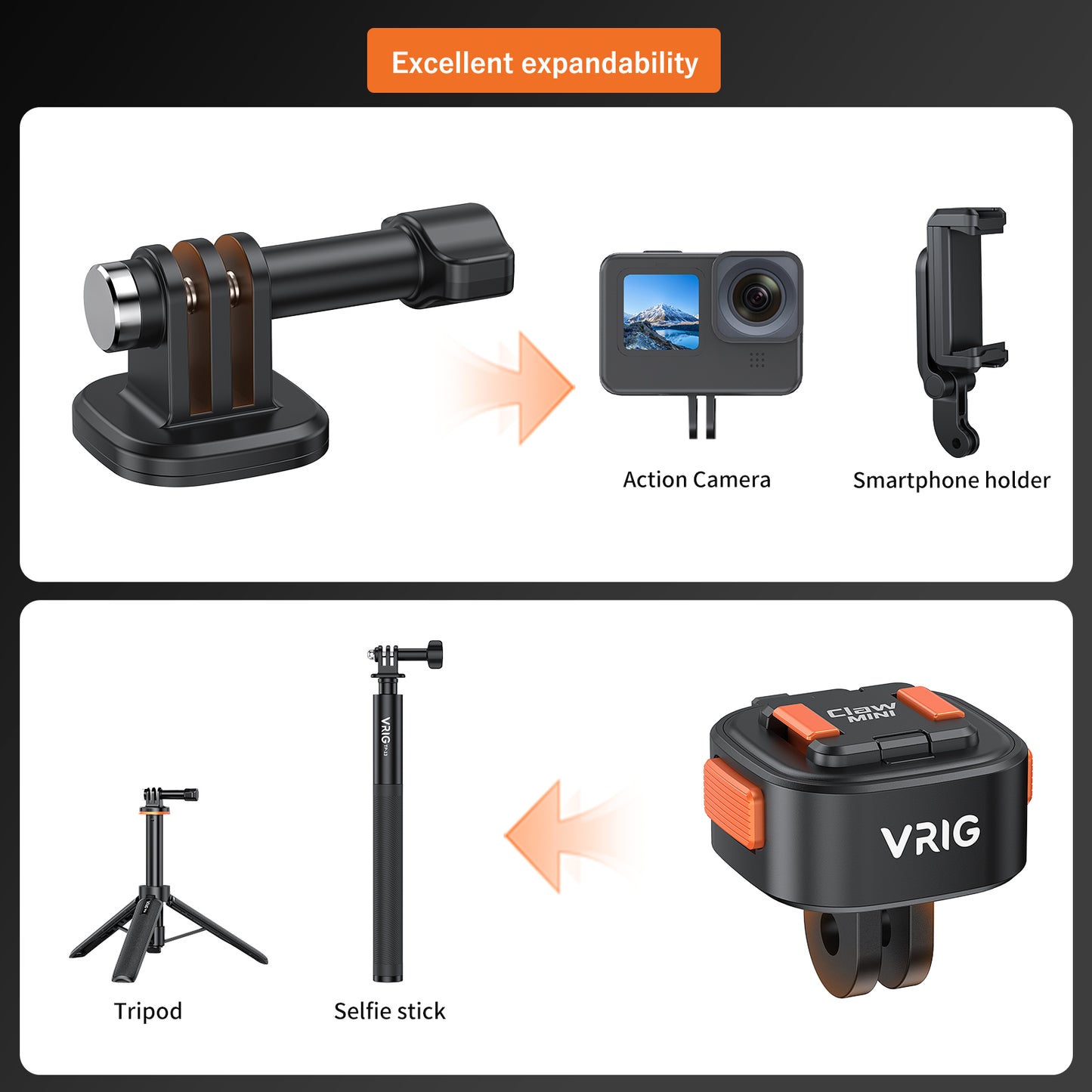 VRIG AC15 Tripod Mount Accessories for Gopro Hero -Claw Mini Basic Set Magnetic Quick Release Adapter for Tripod with Gopro 10 9 8 7 6 5 insta360