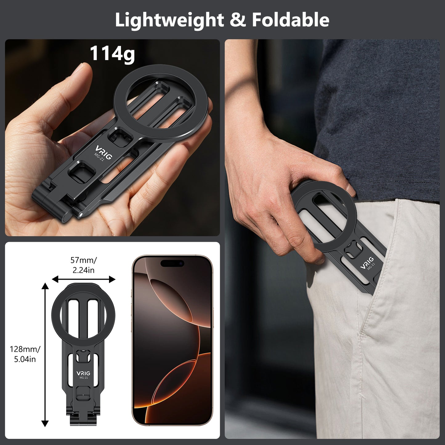 VRIG MG-21 Magnetic Pocket Phone Tripod Foldable Compatible with Magsafe iPhone 15/14/13/12 Plus Pro Max Series, Upgrade Mini Cell Phone Tripod Mount Handle Smartphone Desk Stand Travel All in One
