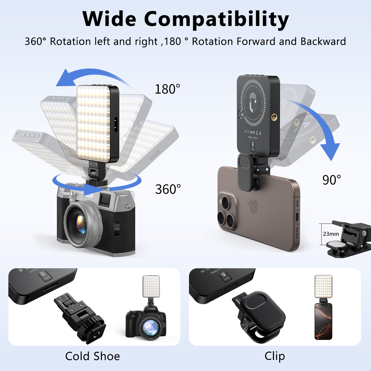 VRIG Magnetic Selfie Light, 128 LED Phone Light with Metal Cold Shoe & Clip, Rechargeable 360° 3 Color Modes Fill Light for Phone Android Camera iPad Laptop for Makeup TikTok Selfie Vlog