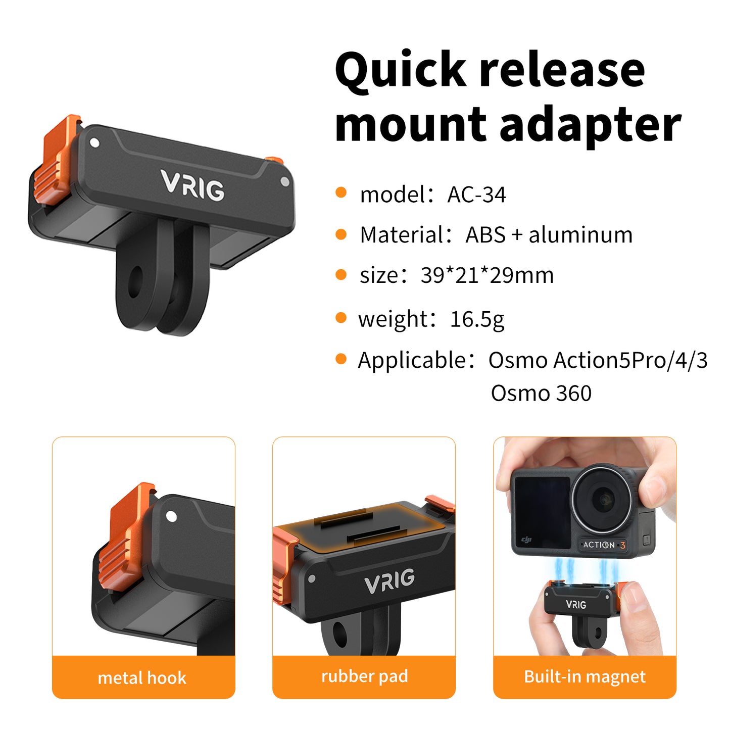 VRIG AC-34 Magnetic Quick Release Adapter Mount Base for DJI Osmo Action 5 Pro / 4/3 / Osmo 360