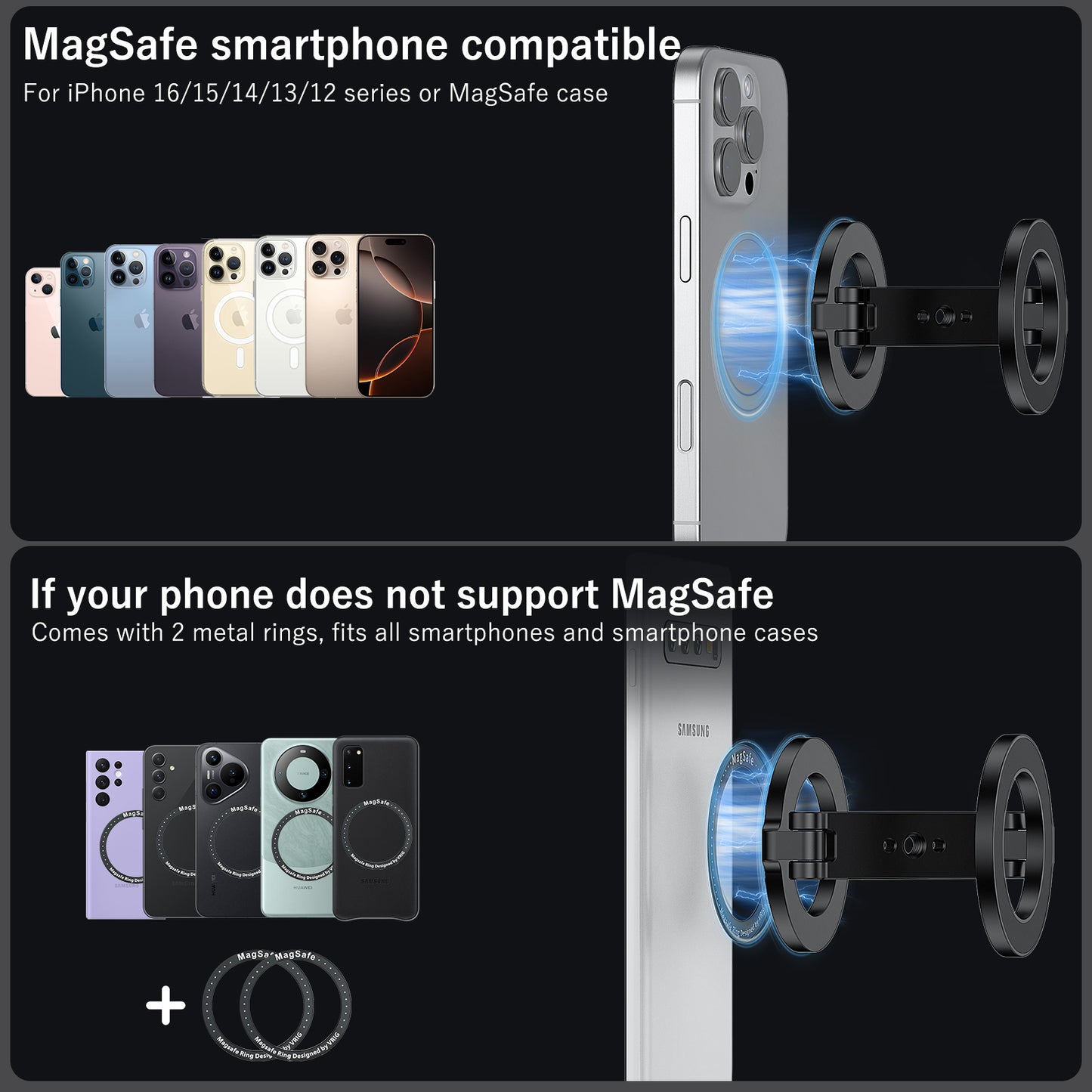 VRIG MG-26 Dual Magnetic Phone Holder Compatiable with Magnetic for iPhone 16 15 14 13 12 Pro Max Plus Series, 1/4" Screw Tripod Mount, Gym Magnetic Phone Stand Travel