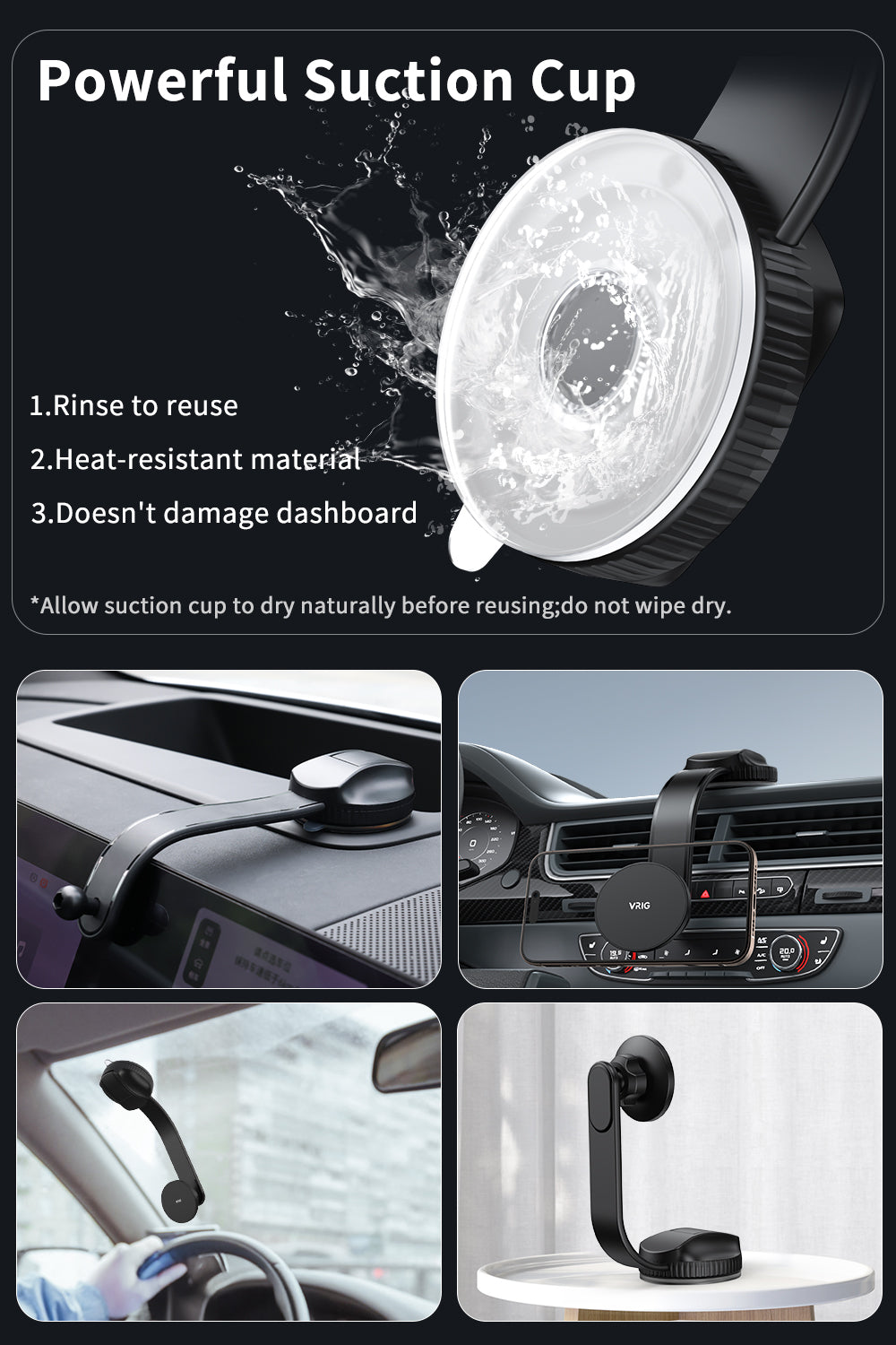 VRIG MG-25 Car Mount, Magnetic Phone Holder for Car with Suction Cup, 34 Ultra-Strong Magnets, Bendable Memory Aluminum Alloy Arm for Dashboard and Windshield, Fit for All Car Types