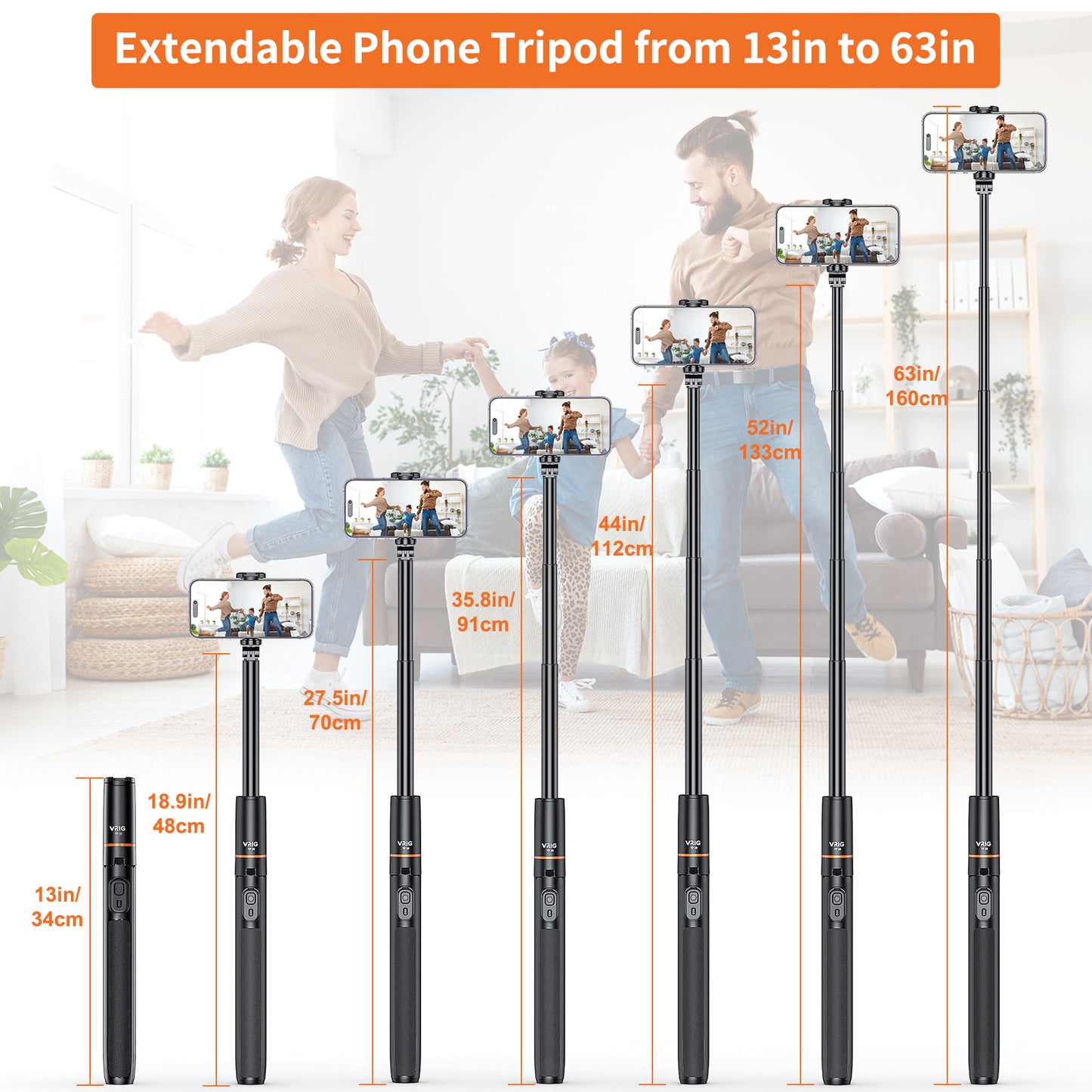 VRIG TP-20 63" Extendable Selfie Stick Tripod,All-in-1 Extendable Cell Phone Tripod Stand with Integrated Remote,Portable,Lightweight,Extendable Phone Tripod for iPhone/Android