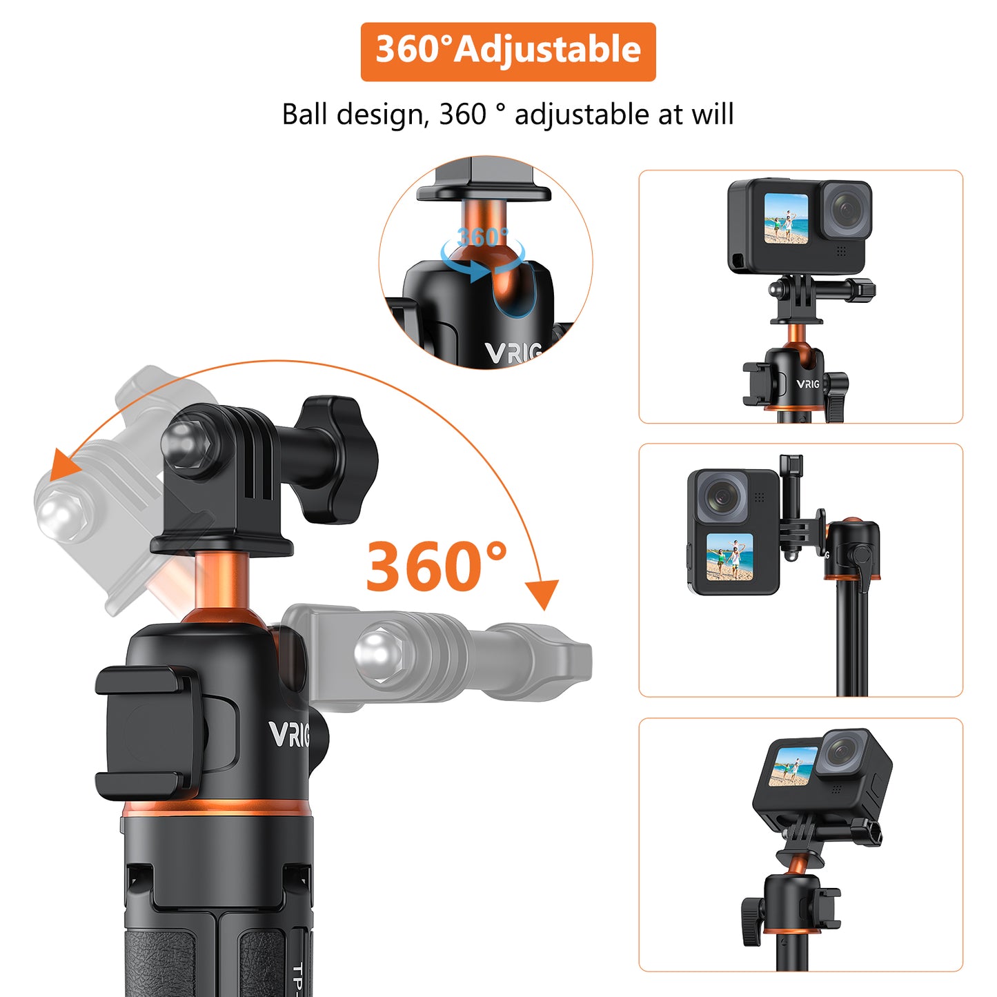 VRIG TP-08S Extension Mini Tripod for Action Camera,360° Ball Head,with Cold Shoe Mount