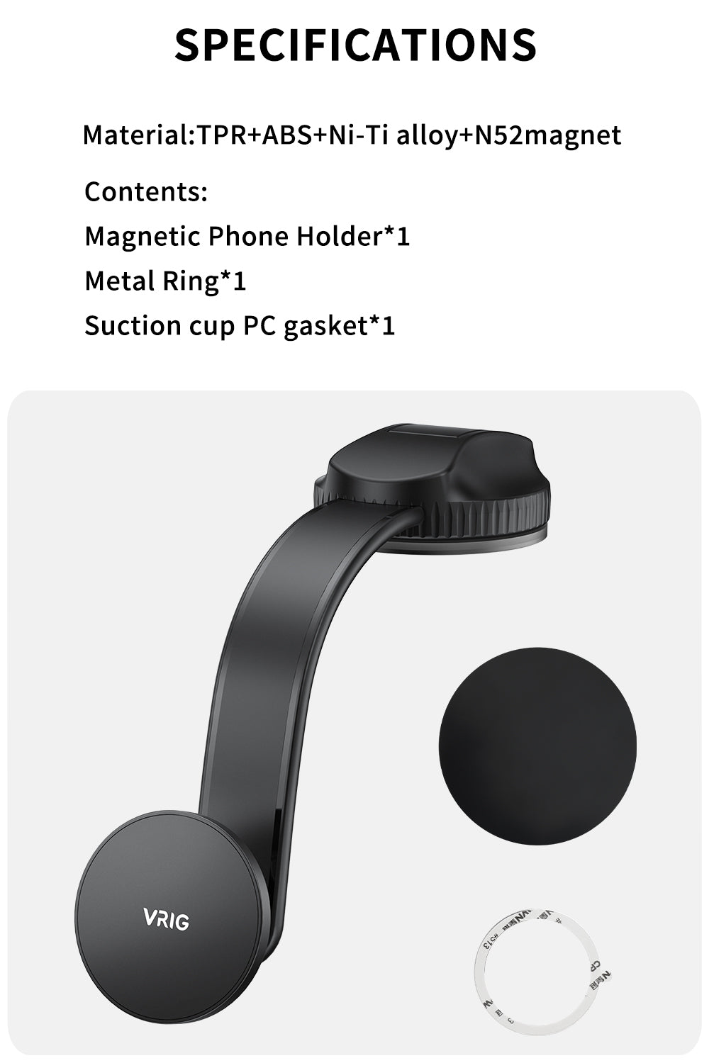 VRIG MG-25 Car Mount, Magnetic Phone Holder for Car with Suction Cup, 34 Ultra-Strong Magnets, Bendable Memory Aluminum Alloy Arm for Dashboard and Windshield, Fit for All Car Types