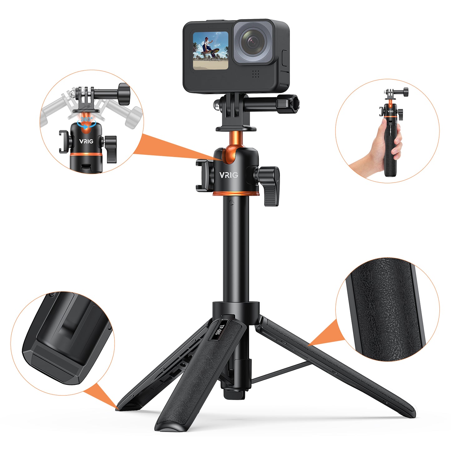 VRIG TP-08S Extension Mini Tripod for Action Camera,360° Ball Head,with Cold Shoe Mount