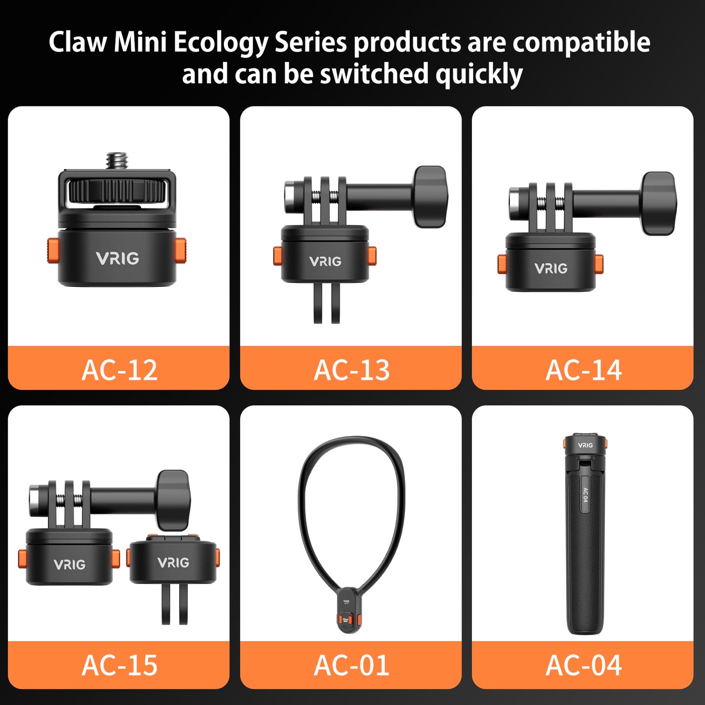 VRIG AC15 Tripod Mount Accessories for Gopro Hero -Claw Mini Basic Set Magnetic Quick Release Adapter for Tripod with Gopro 10 9 8 7 6 5 insta360