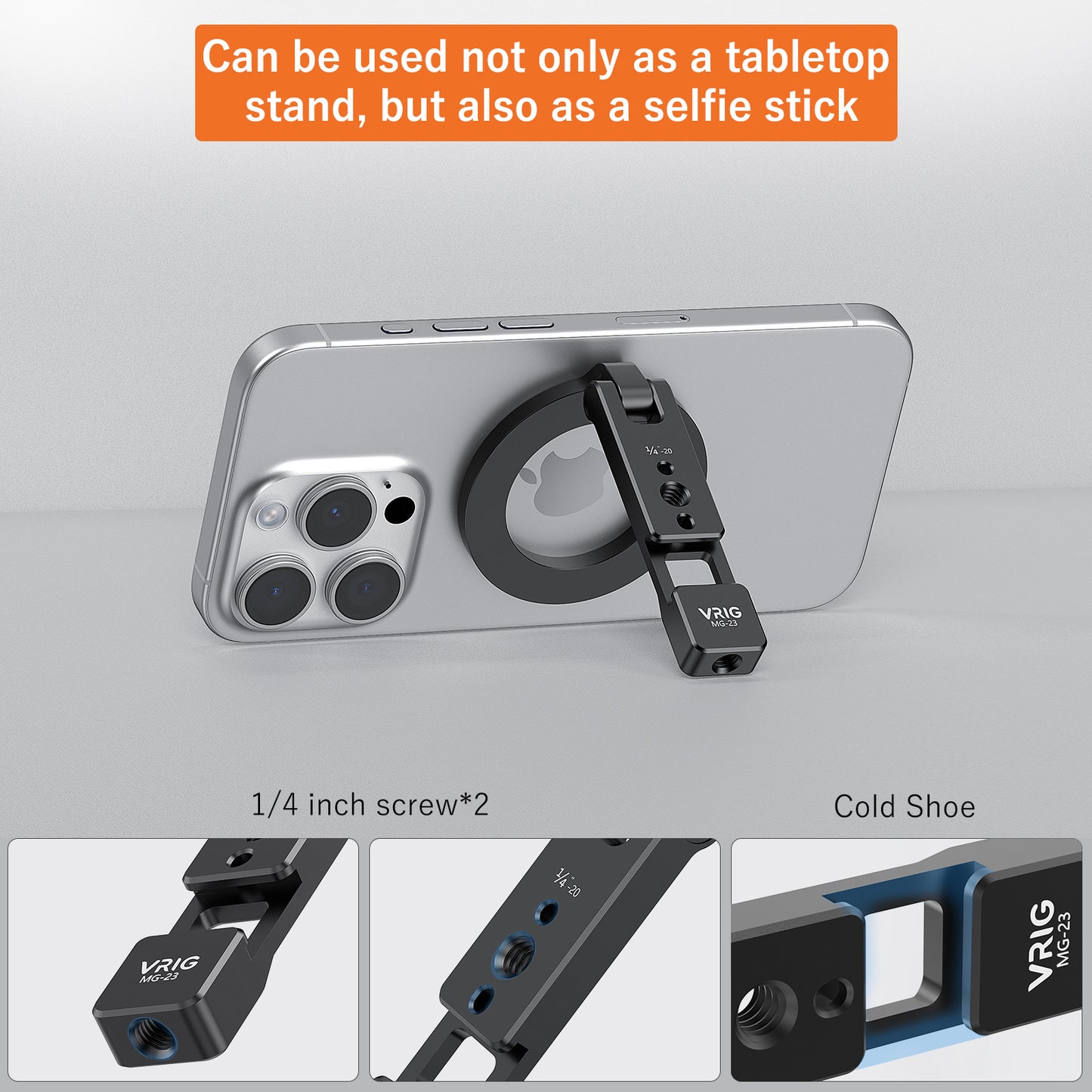 VRIG MG-23 Magnetic Phone Holder Compatiable with Magsafe for iPhone 16 15 14 13 12 Pro Max Plus Series,Aluminum Tripod Mount Adapter with 1/4”-20 & Cold Shoe for Video Recording