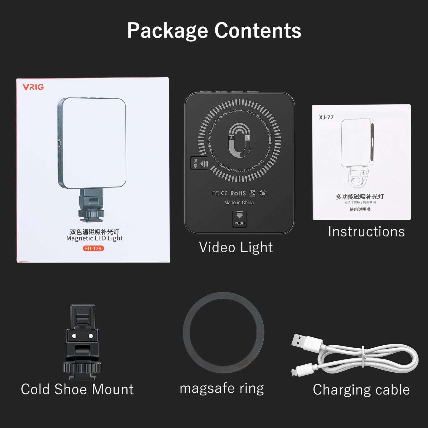 VRIG FD-128 Selfie Light Cell Phone, 128LED Rechargeable Cold Boat Clip1/4 Screw Holes, 3000K–6500K 3 Light Modes, Portable Photo Light for Cell Phone/Laptop/Tablet Black