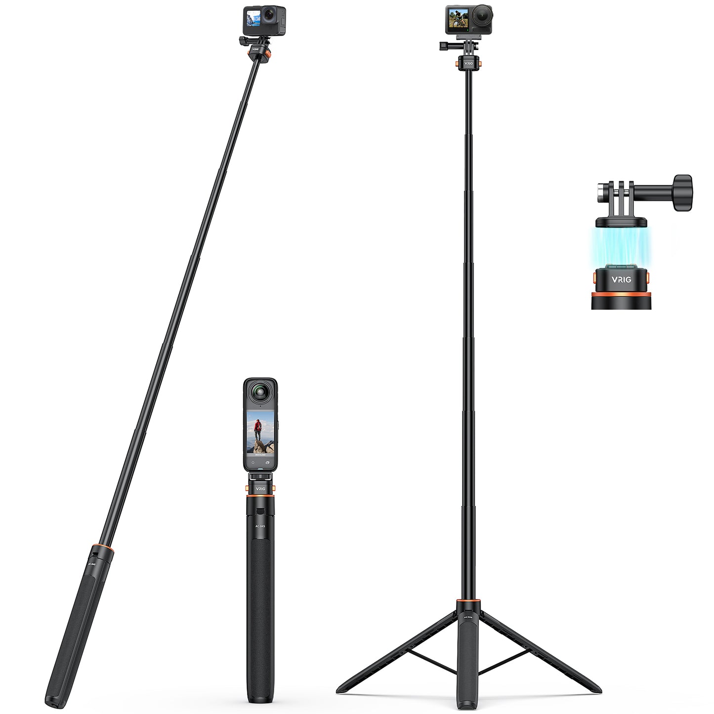 VRIG 63" Magnetic Selfie Stick Tripod for GoPro, Mini Quick Release Extendable Tripod Stand for for GoPro Hero 13 12 1110 9 8 7 6 5 4 3 2, Fusion, Max, Session, AKASO, SJCAM, DJI OSMO GoPro