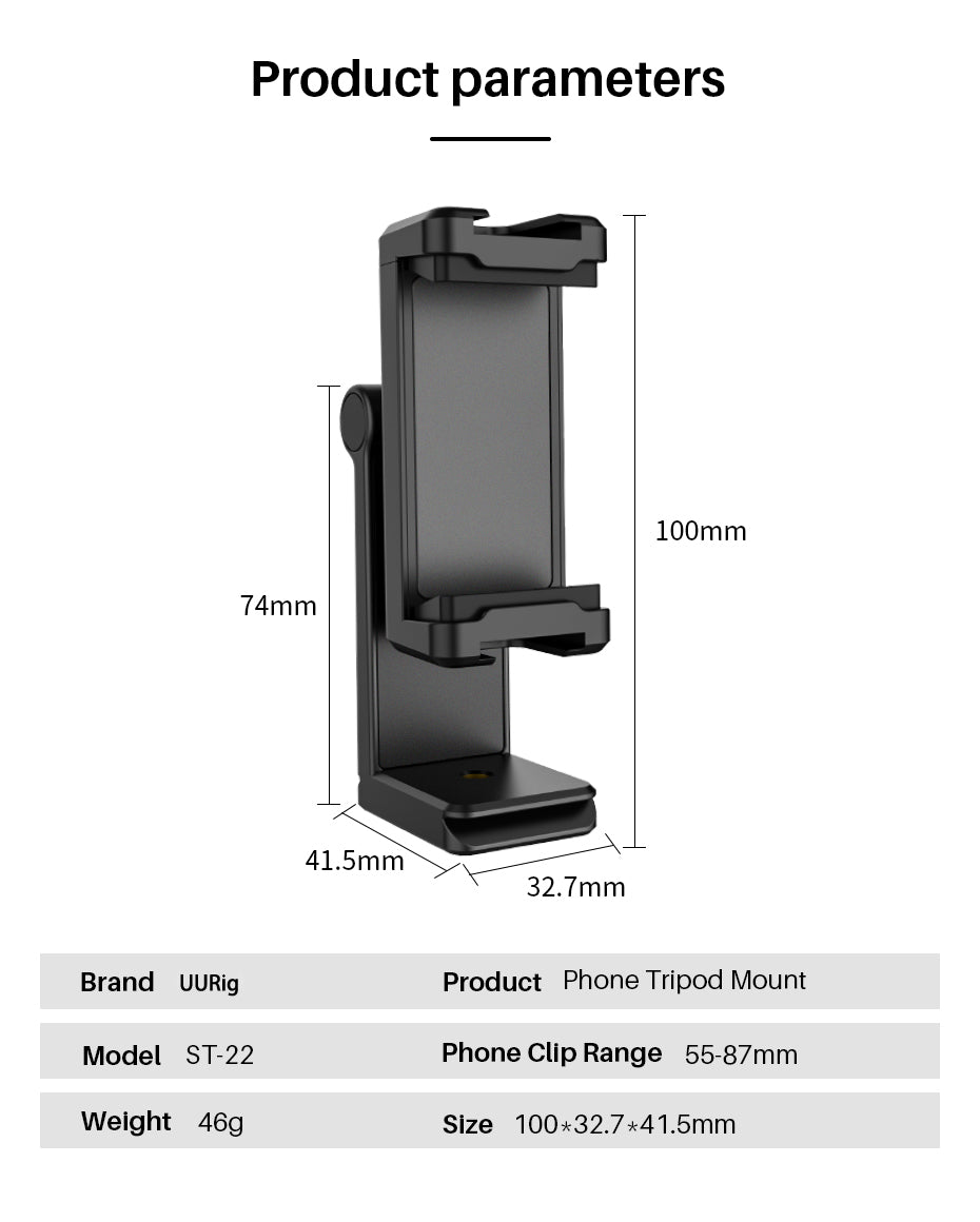 UURig PH-01 Black Phone Tripod Mount with 2 Cold Shoe,