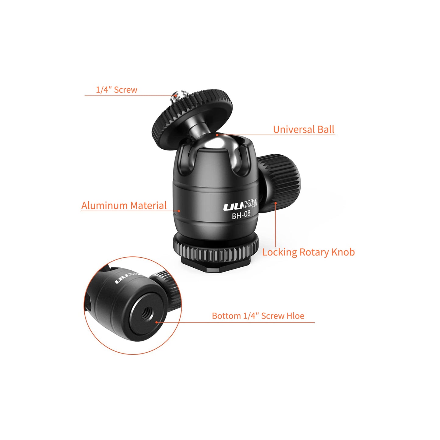 UURIG BH-13 3 way metal ballhead with cold shoe