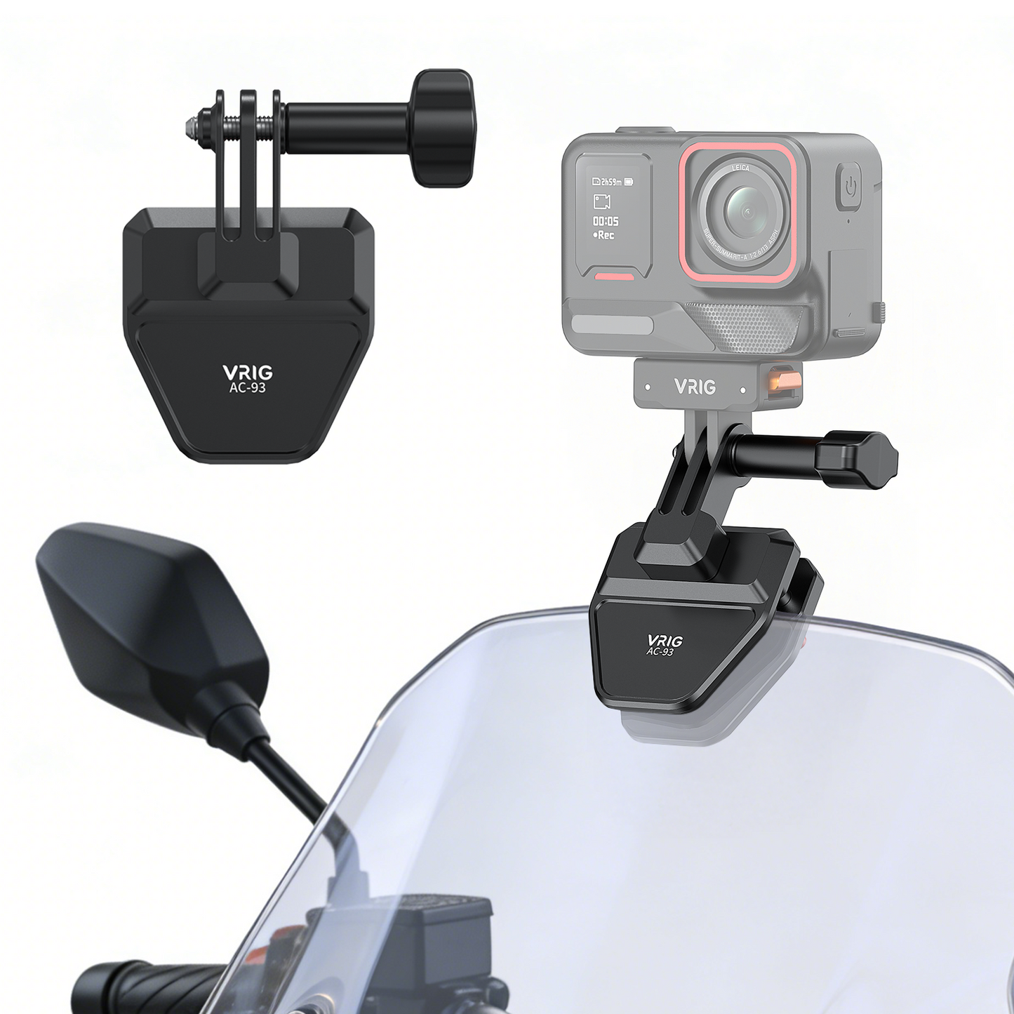 VRIG AC-93 Motorcycle Windshield Clip Mount for Insta360 X6/X5 GoPro Hero 13/12