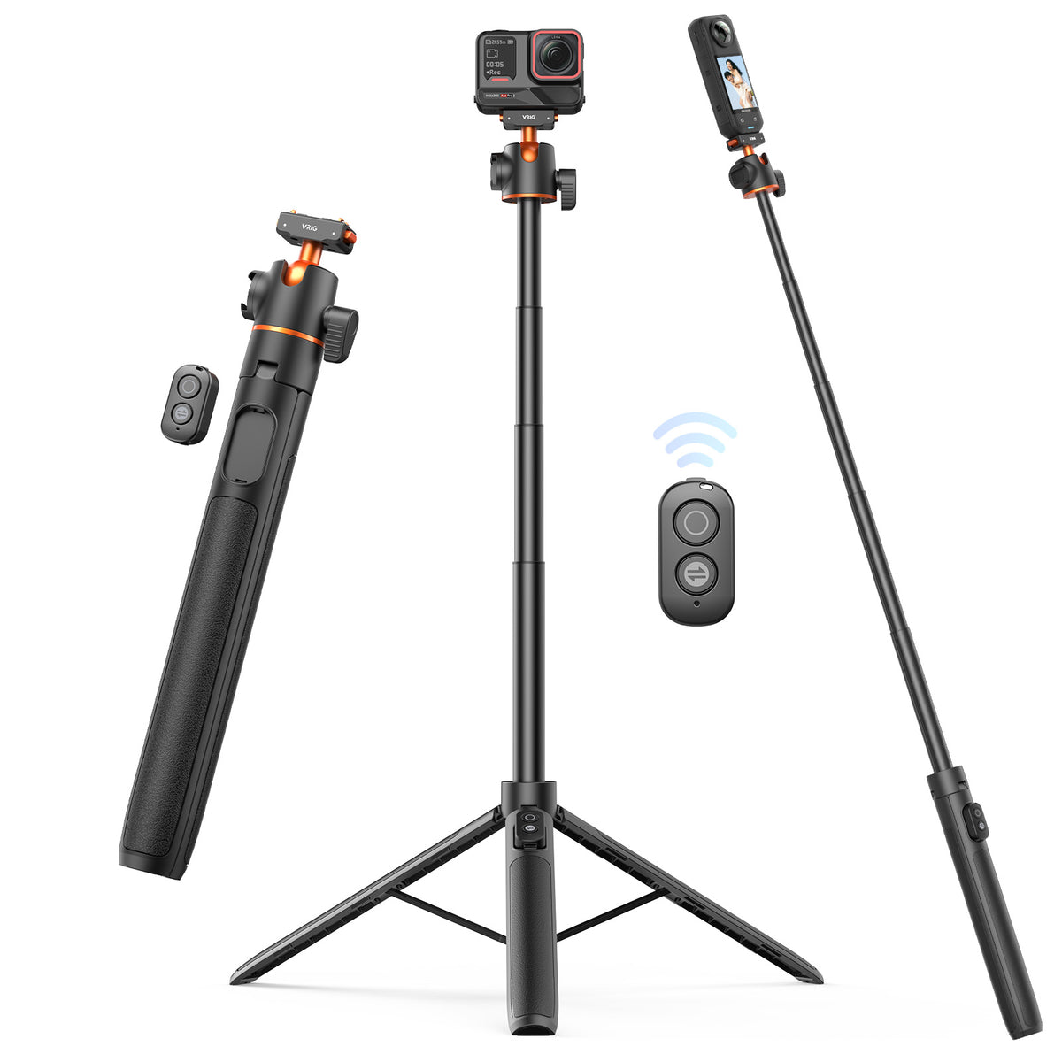 VRIG AC-104S 55" Magnetic Selfie Stick Tripod for Insta360 X5 ACE Pro 2 with Remote Controller,Extension Rod Quick Release Table Desk Portable Handle Grip Stand with Cold Shoe for Insta360 X5/X4 Air/ACE PRO