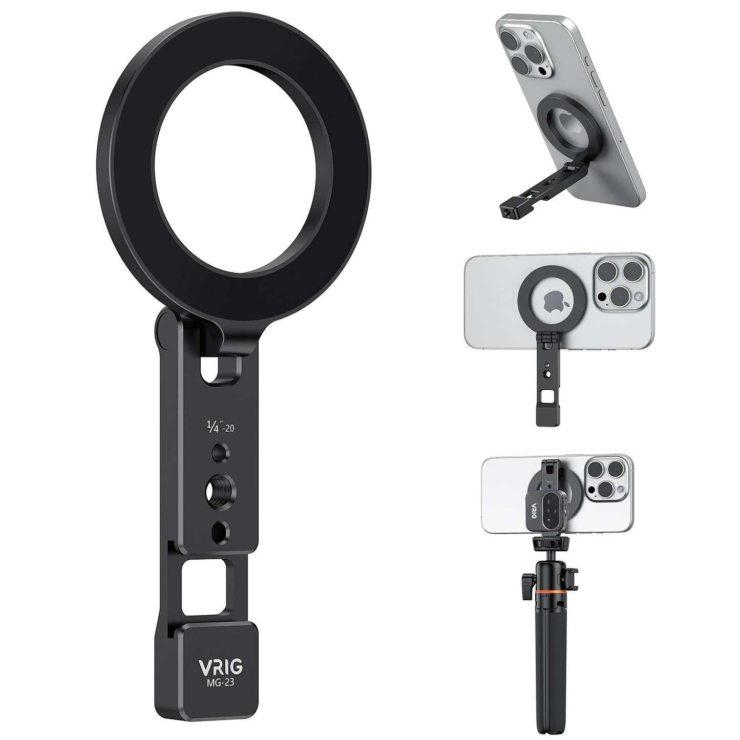 VRIG MG-23 Magnetic Phone Holder Compatiable with Magsafe for iPhone 16 15 14 13 12 Pro Max Plus Series,Aluminum Tripod Mount Adapter with 1/4”-20 & Cold Shoe for Video Recording