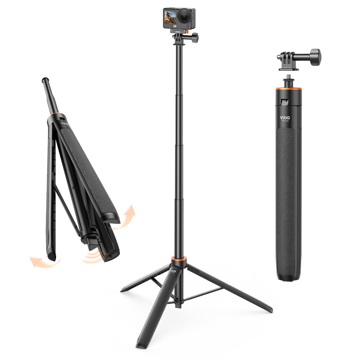 VRIG TP-21S 63inch Invisible Selfie Stick Tripod, Auto Pop Open Tripod, Compatible with Insta360 X6/X5/X4, DJI Osmo Action 6/5 Pro/4/3,GoPro Hero 13 Mission 1 Pro, Stable Throwpod for Travel Vlogging