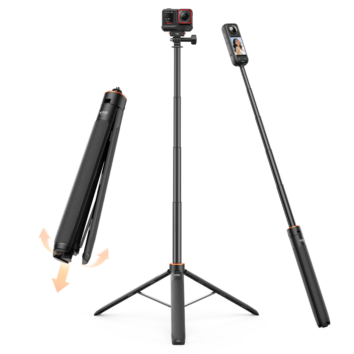 VRIG TP-21S 63inch Invisible Selfie Stick Tripod, Auto Pop Open Tripod, Compatible with Insta360 X6/X5/X4, DJI Osmo Action 6/5 Pro/4/3,GoPro Hero 13 Mission 1 Pro, Stable Throwpod for Travel Vlogging