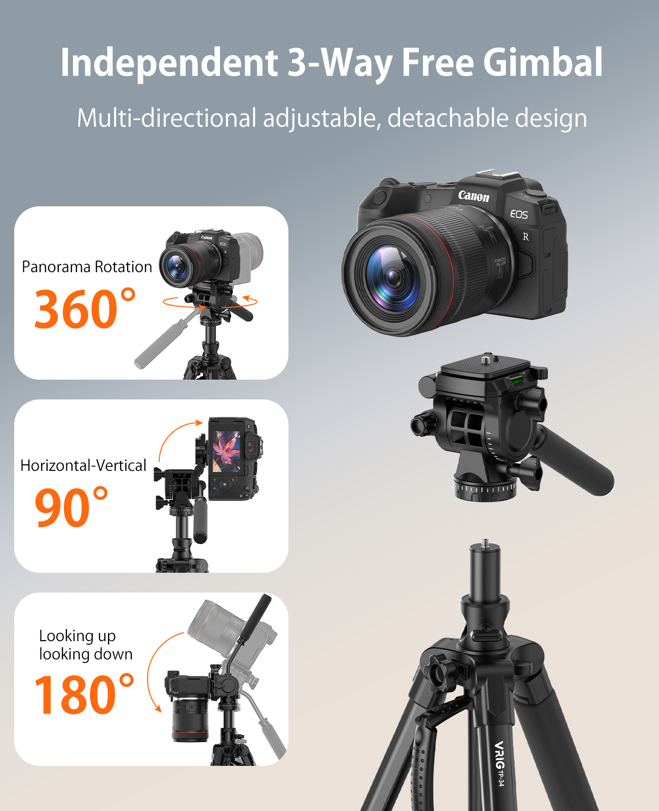 VRIG TP-34 Camera Tripod, 195cm, Video Camera Tripod, DSLR Tripod, Aluminum