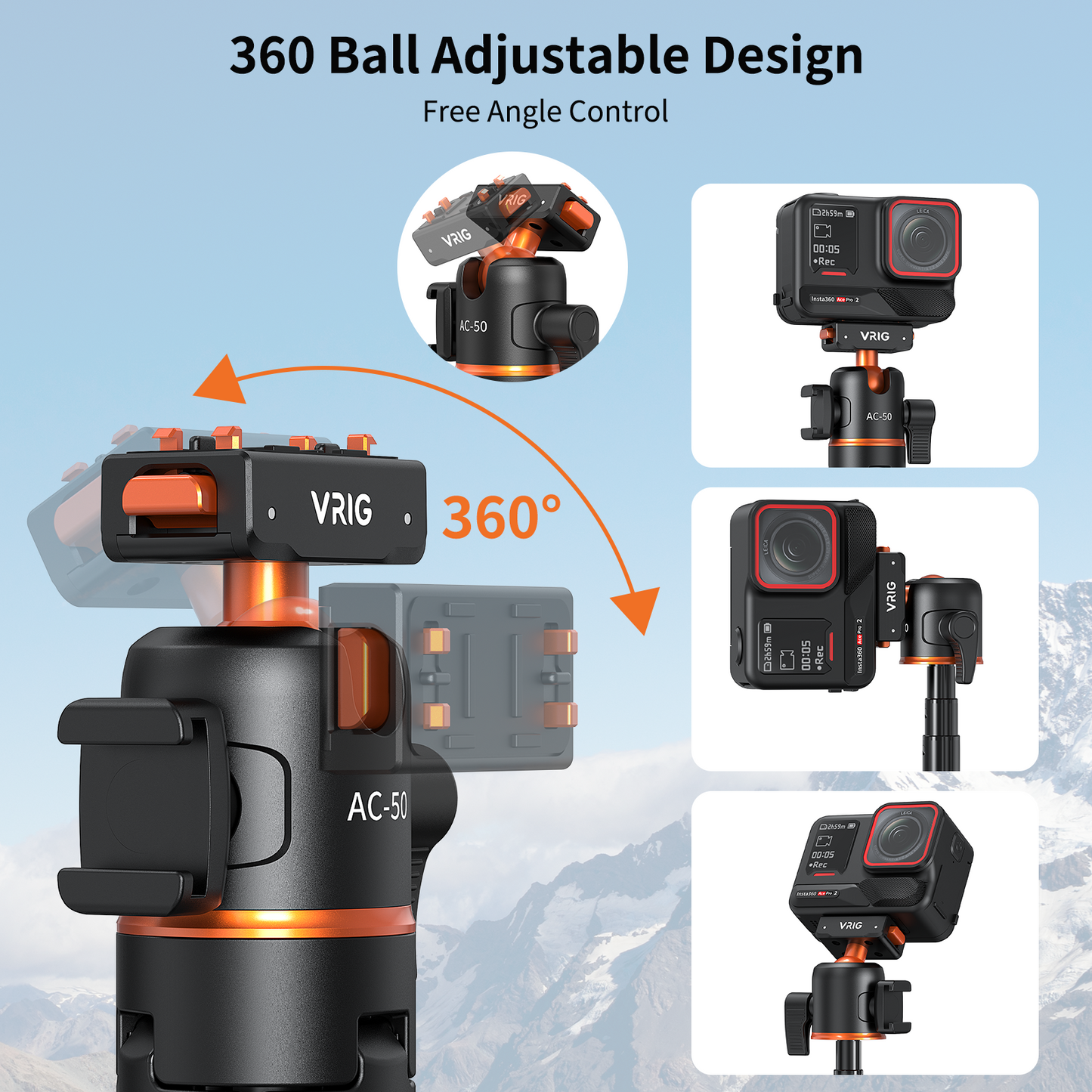 VRIG AC-50 Selfie Stick Tripod for Insta 360 Ace Pro/Ace Pro 2/X5 with Magnetic Quick Release Adapter