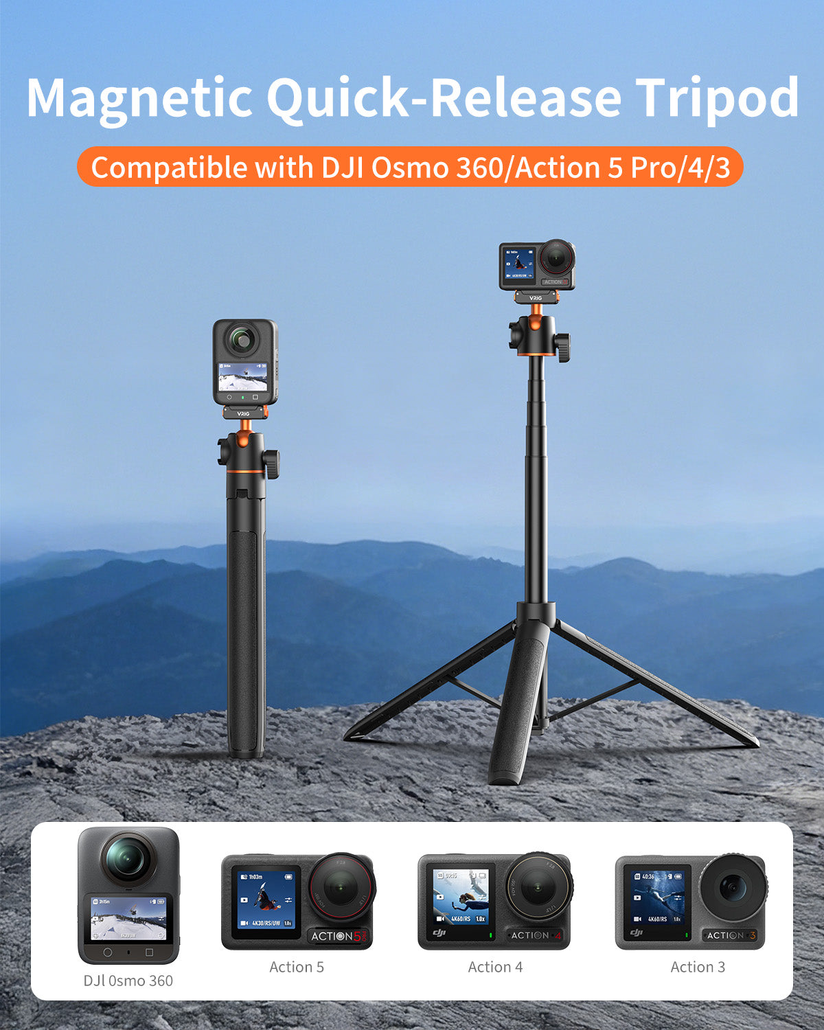 VRIG 55" AC-04S Action Camera Selfie Stick Tripod for DJI Osmo Action 5 Pro/ 4/ 3