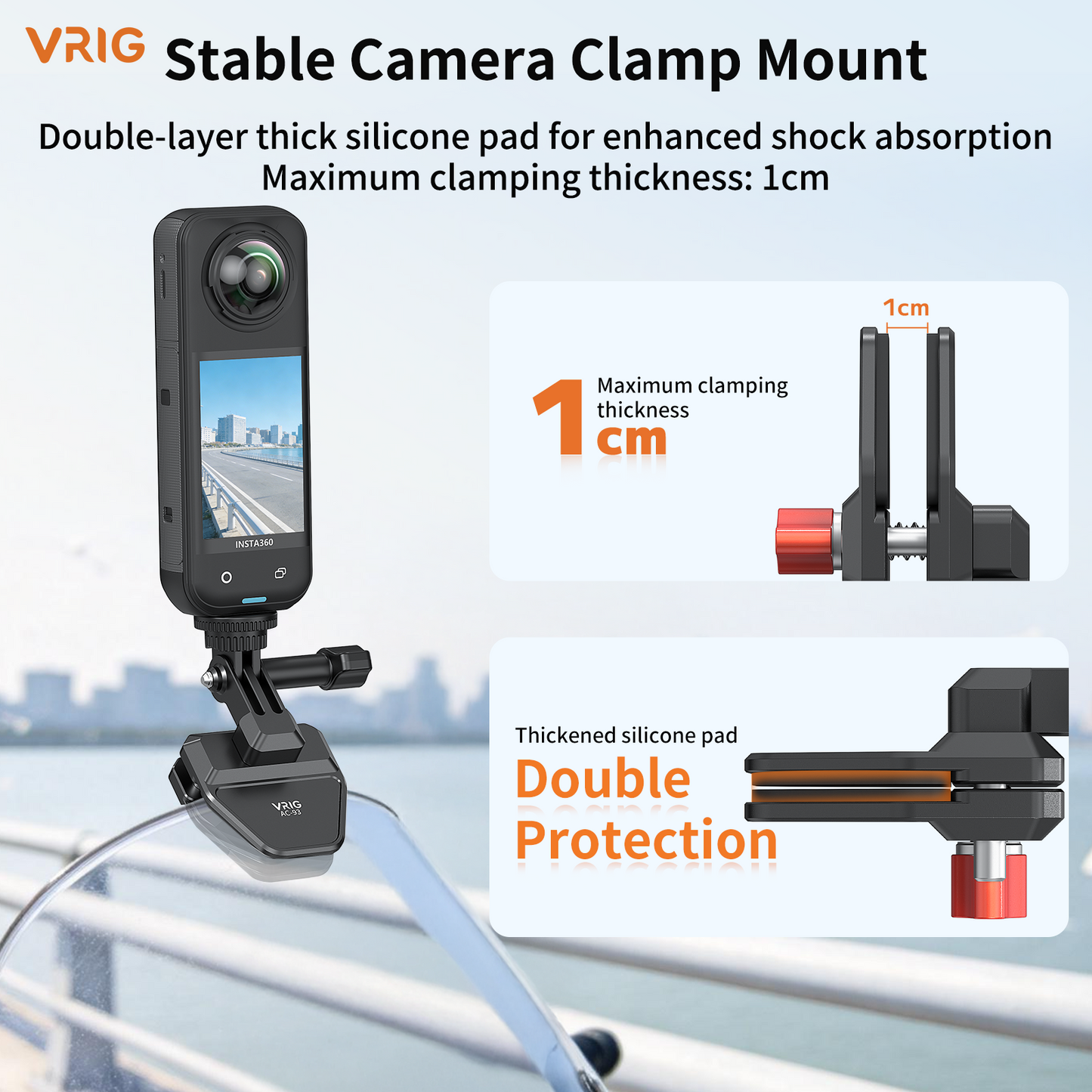 VRIG AC-93 Motorcycle Windshield Clip Mount for Insta360 X6/X5 GoPro Hero 13/12