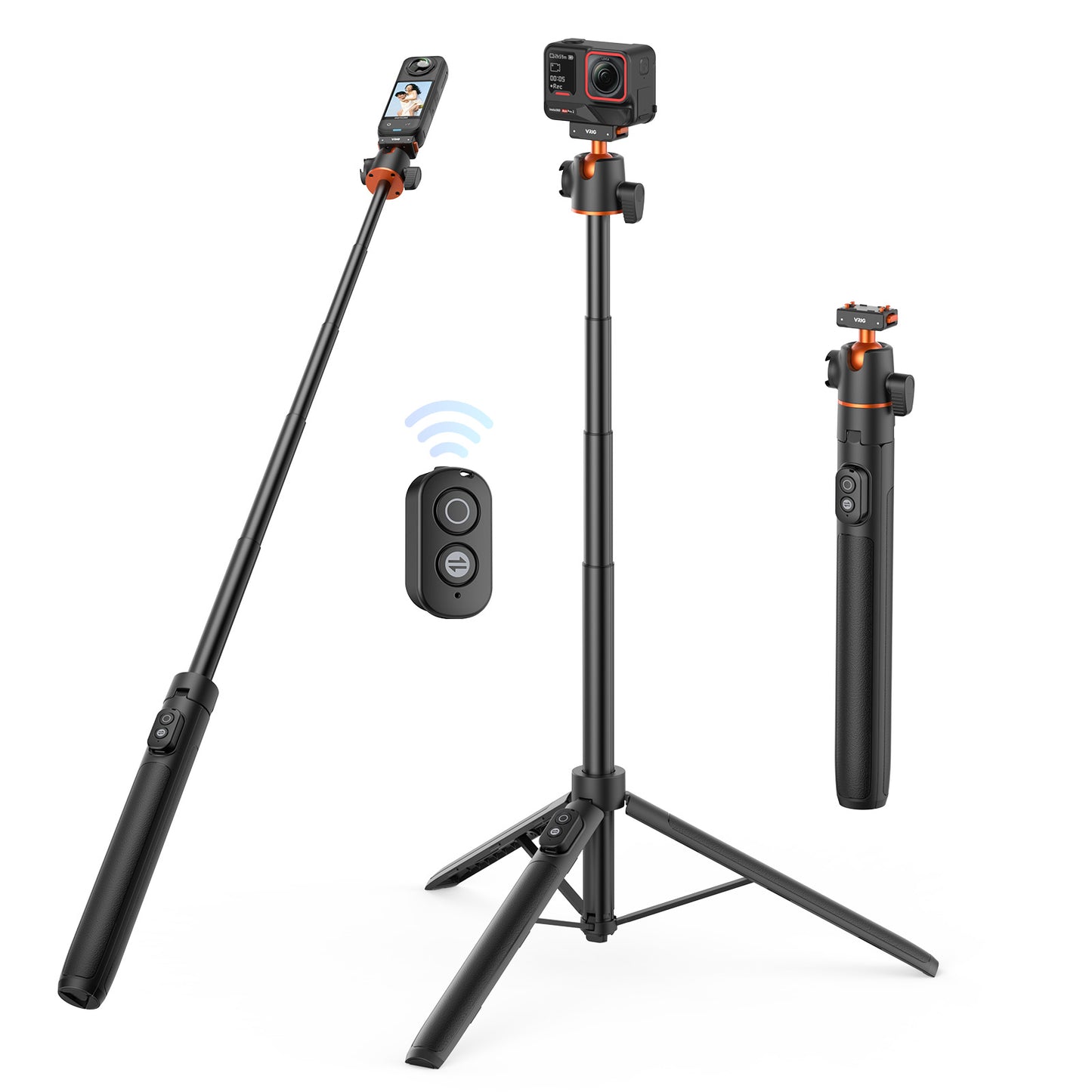 VRIG AC-104S 55" Magnetic Selfie Stick Tripod for Insta360 X5 ACE Pro 2 with Remote Controller,Extension Rod Quick Release Table Desk Portable Handle Grip Stand with Cold Shoe for Insta360 X5/X4 Air/ACE PRO