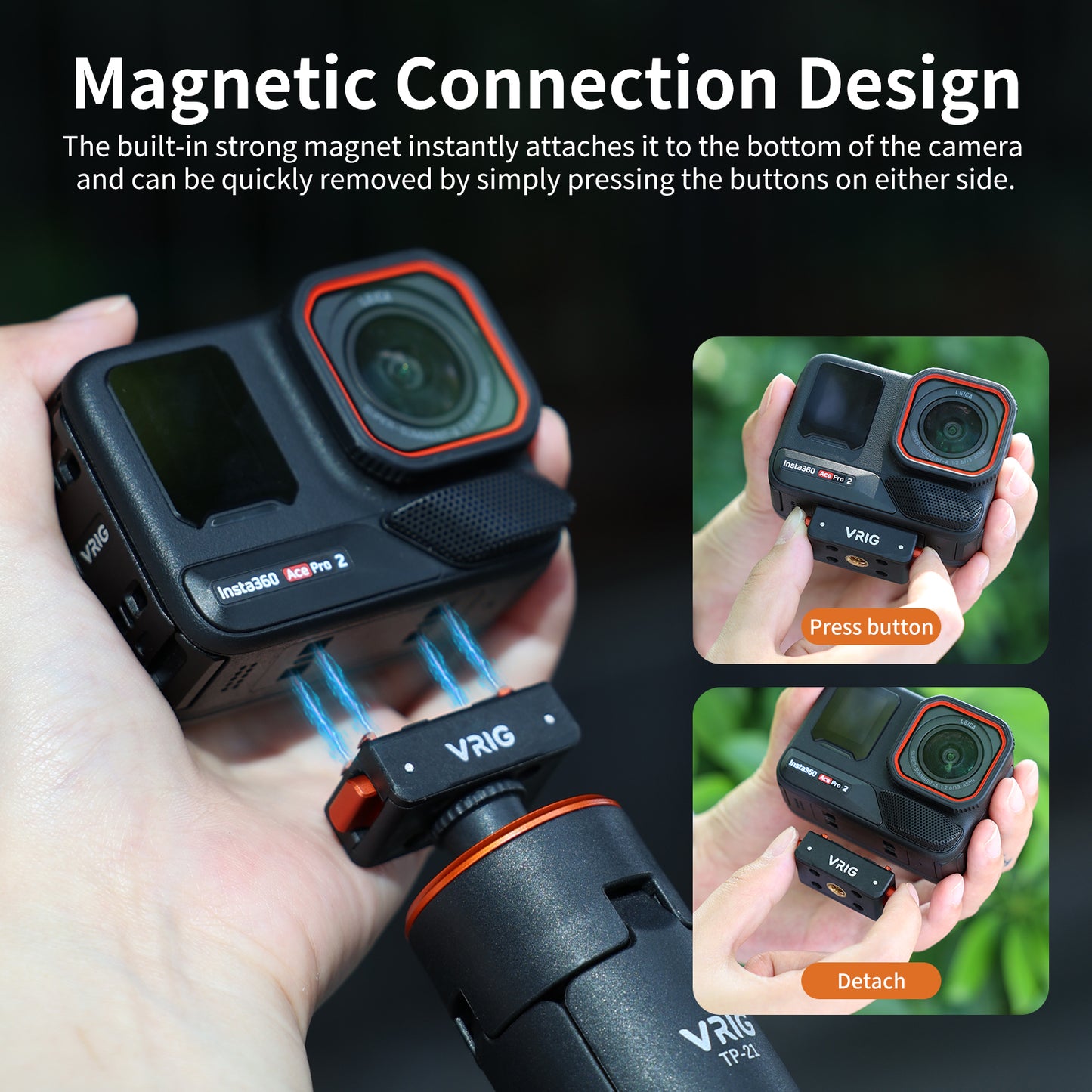 VRIG AC-42 Magnetic Quick Release Mount for Insta 360 ACE/ACE PRO/ACE PRO 2/ X5/ X4 Air, Quick & Convenient, 1/4 Screw Thread Adapter for Tripod, Extension Rod