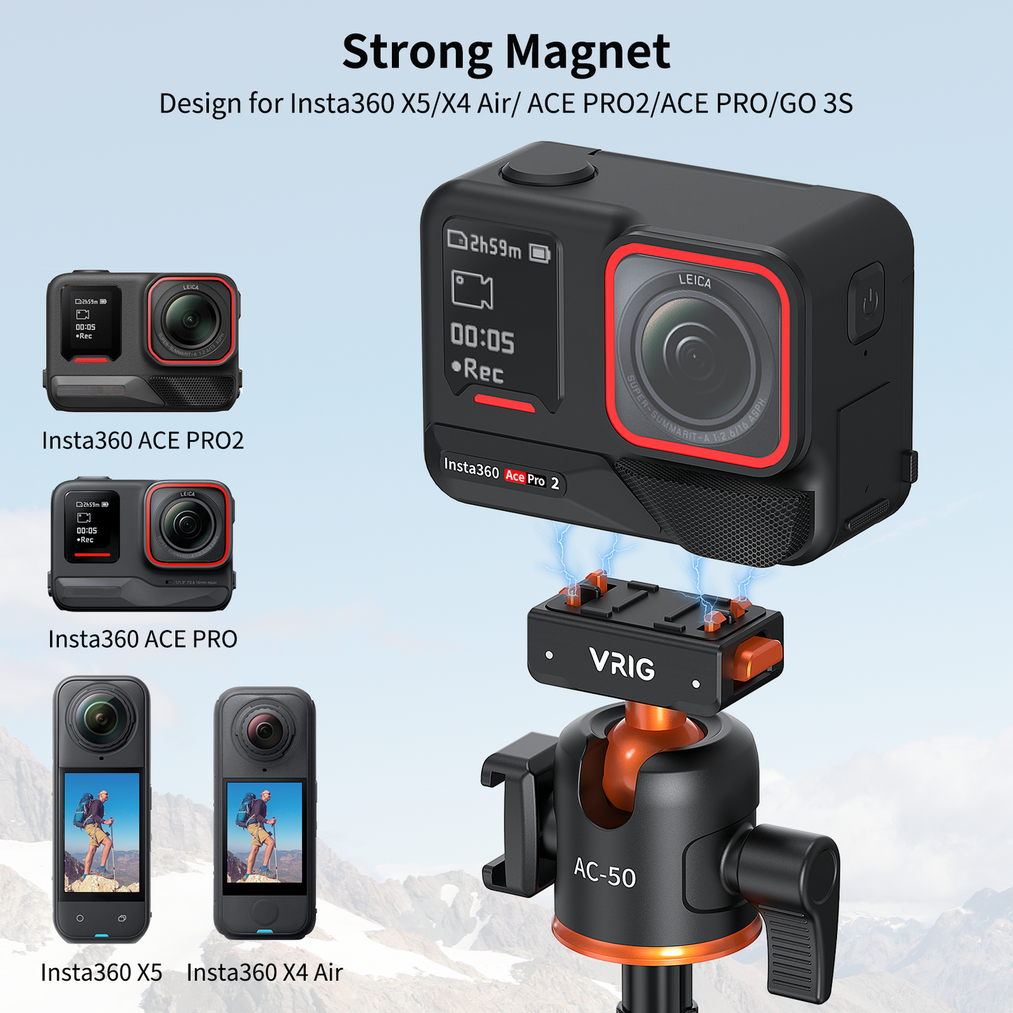 VRIG AC-50 Selfie Stick Tripod for Insta 360 Ace Pro/Ace Pro 2/X5 with Magnetic Quick Release Adapter